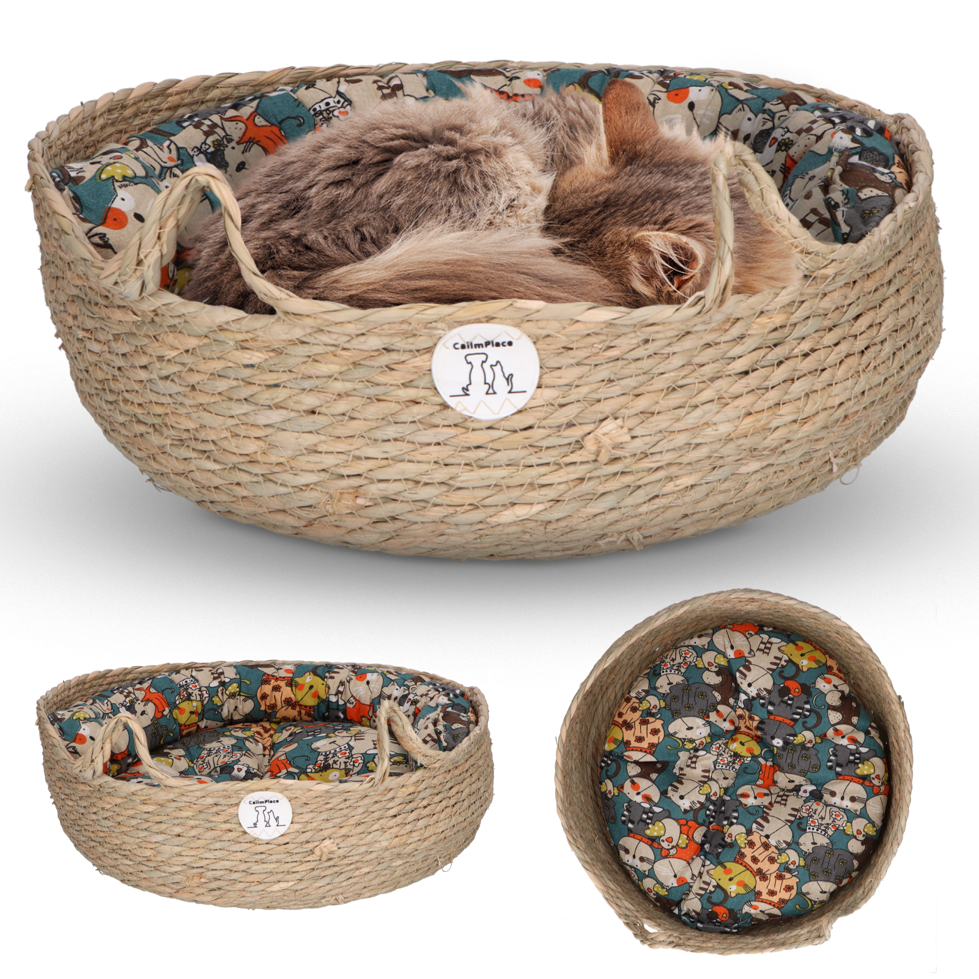 CallmPlace - Rotan Kattenmand - Duurzaam - Kleine hondenmand 44x44 cm - Met Bonte kleur Kussen en Zachte Rand - Comfortabel - Harmony Baskets