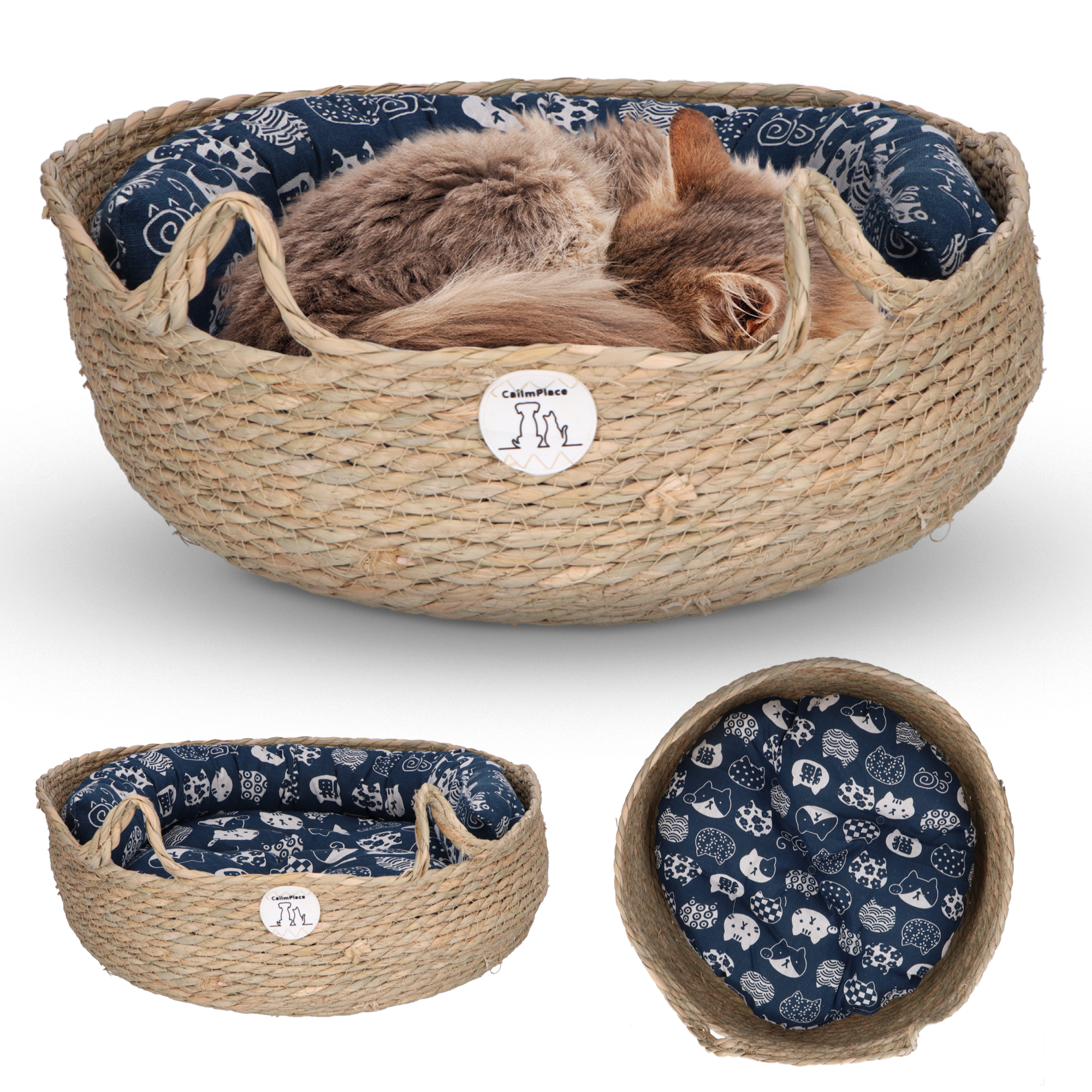 CallmPlace - Kattenmand - Rieten katten mand - Rotan Kattenmand - Duurzaam - Kleine hondenmand 44x44 cm - Met Blauwe Kussen en Zachte Rand - Comfortabel - Harmony Baskets