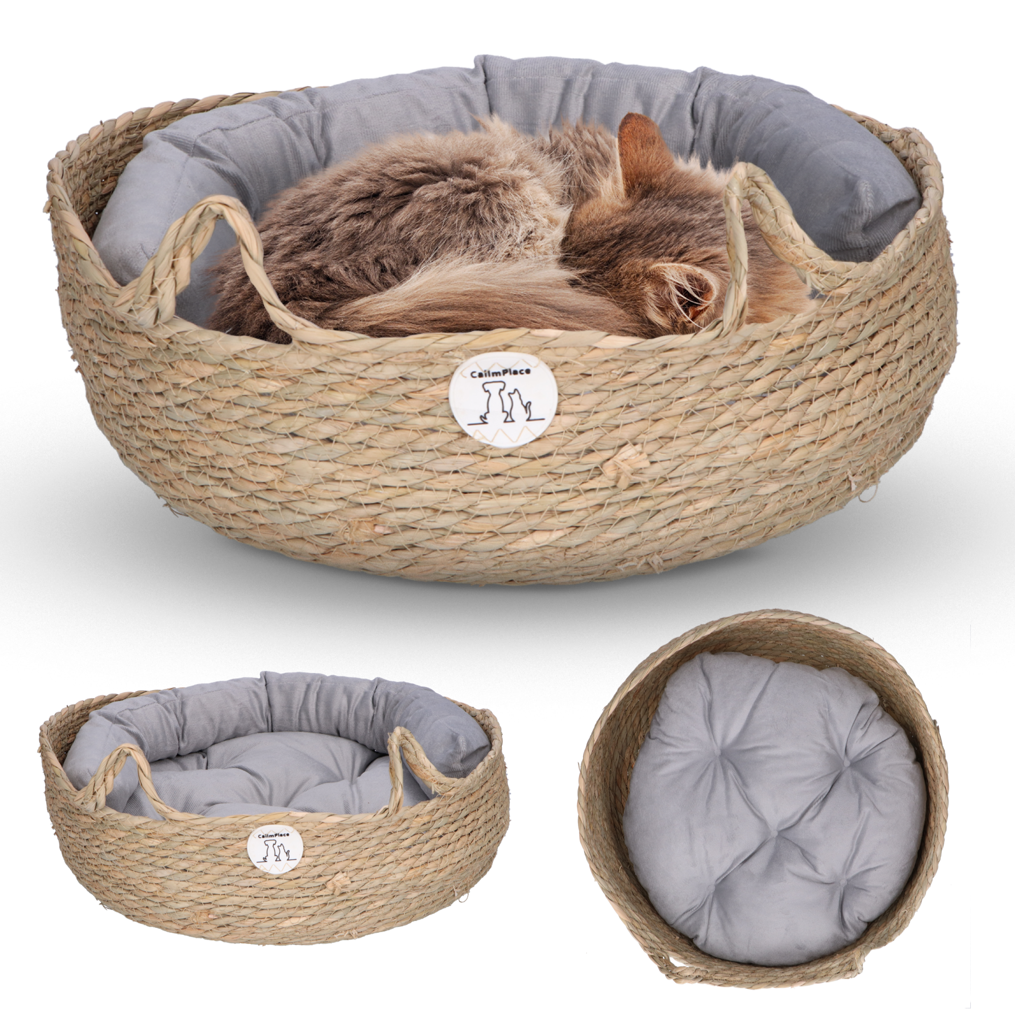 CallmPlace Harmony Baskets - Kattenmand - Rotan Rieten Mand - Zacht Grijs Kussen - Comfortabel en Duurzaam - 44x44 cm