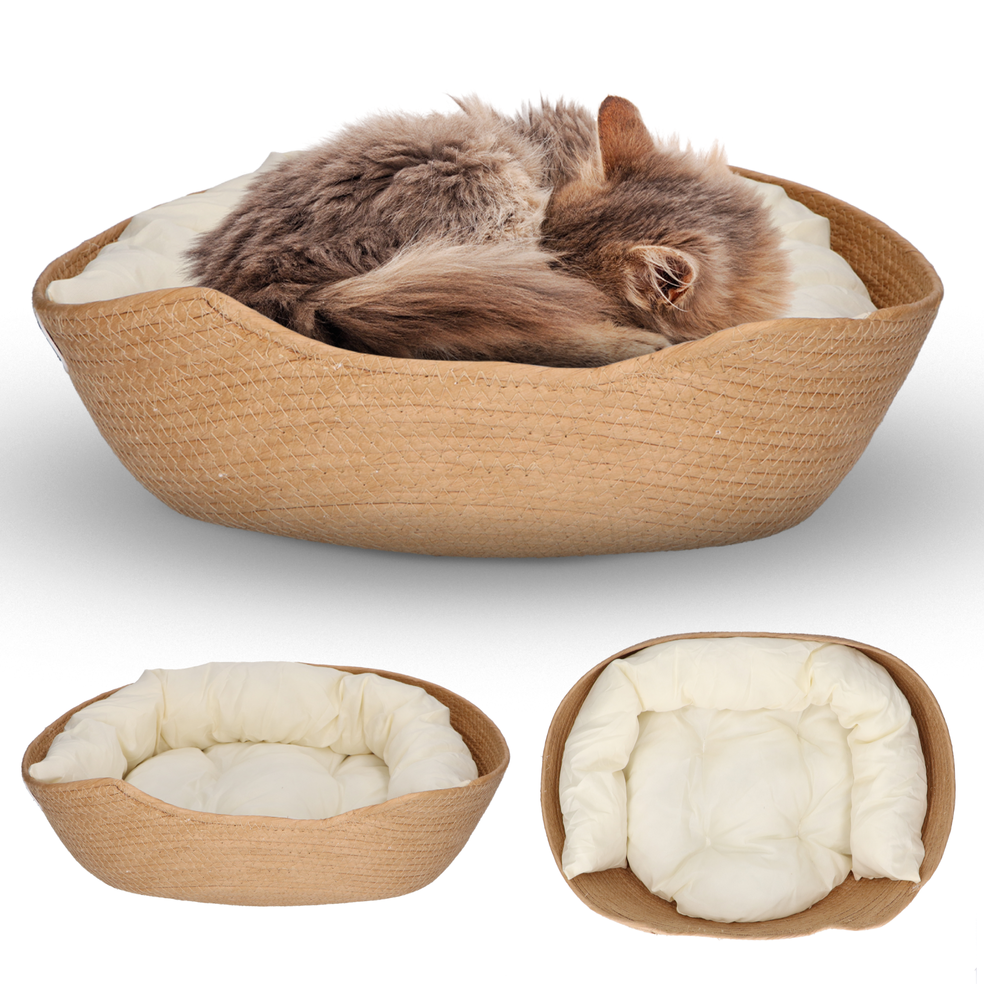 CallmPlace - Kattenmand - Rieten katten mand - Rotan Kattenmand - Duurzaam - Kleine hondenmand 45x45 cm - Met Wit Kussen en Zachte Rand - Comfortabel - Elegant Edge