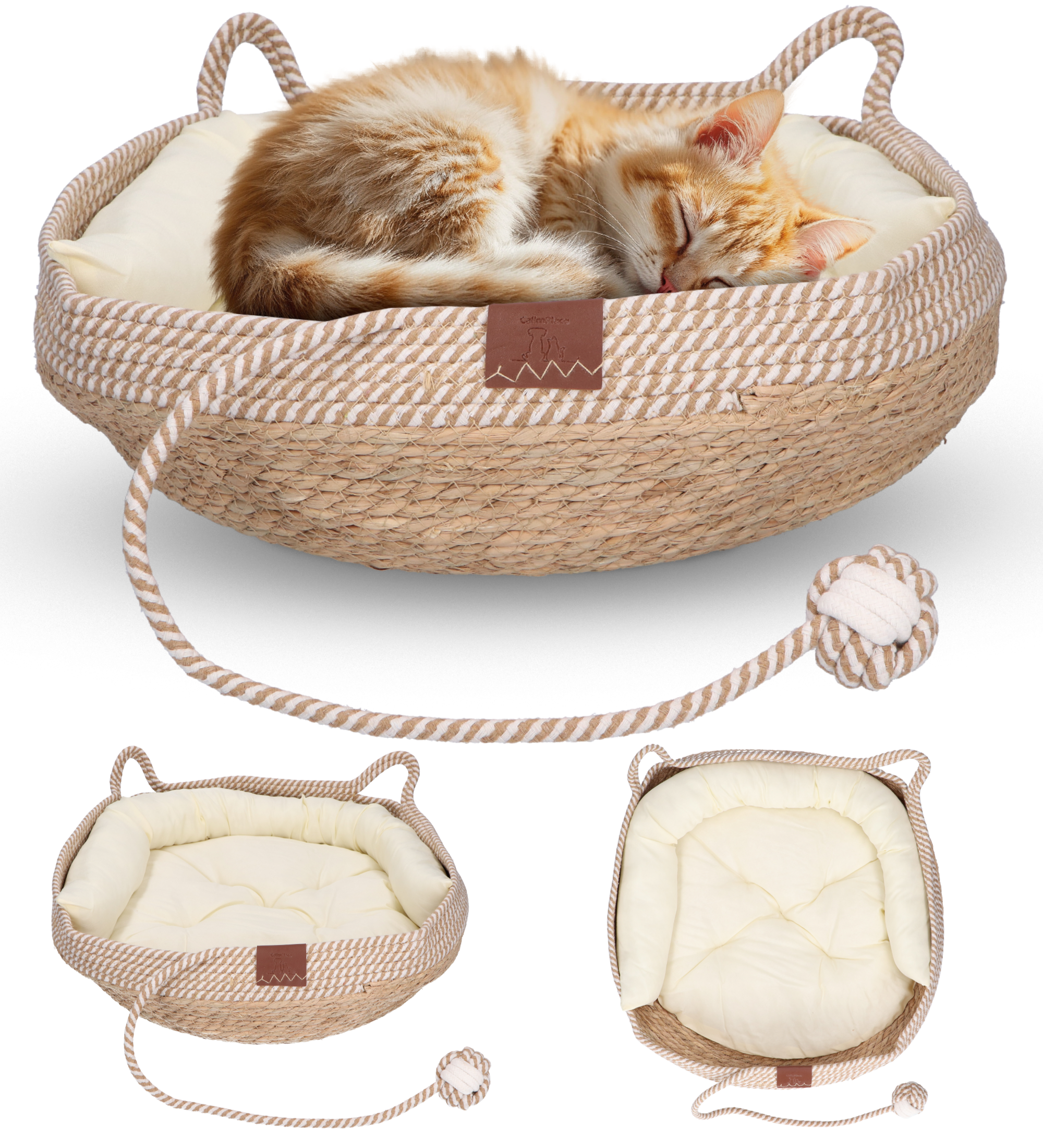 CallmPlace Kattenmand van Rotan – Inclusief Zacht Kussen & Speelbal – Duurzaam, Stijlvol & Comfortabel – Ø48 cm
