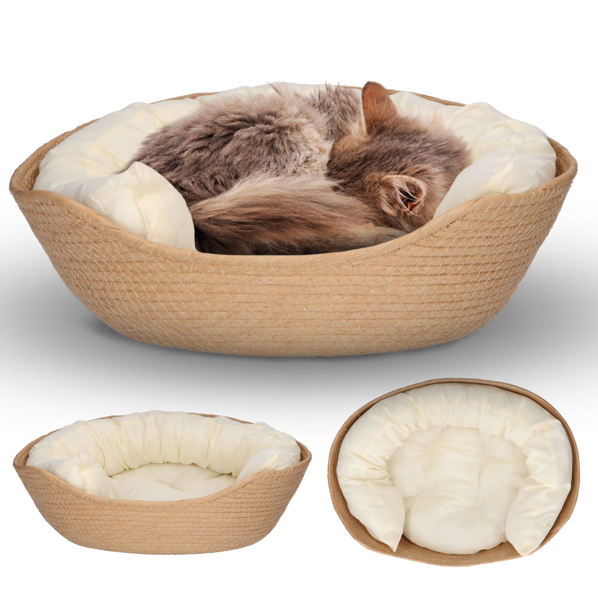 CallmPlace - Kattenmand - Rieten katten mand - Rotan Kattenmand - Duurzaam - Kleine hondenmand 38x38 cm - Met Wit Kussen en Zachte Rand - Comfortabel - Elegant Edge