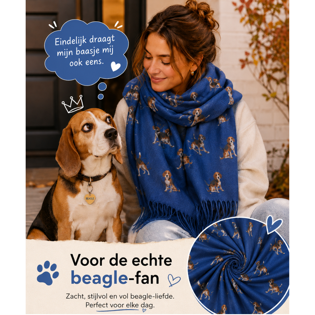 Sjaal met Beagle hondenprint en franjeranden: Denim