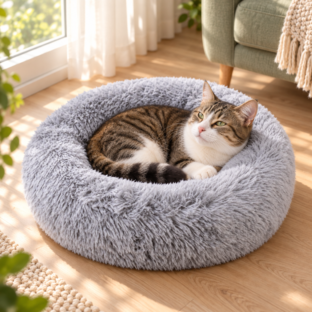 Kattenmand - Kleine hondenmand - Pluche kattenbed – Zachte ronde kattenmand – Ø 60 cm – Grijs
