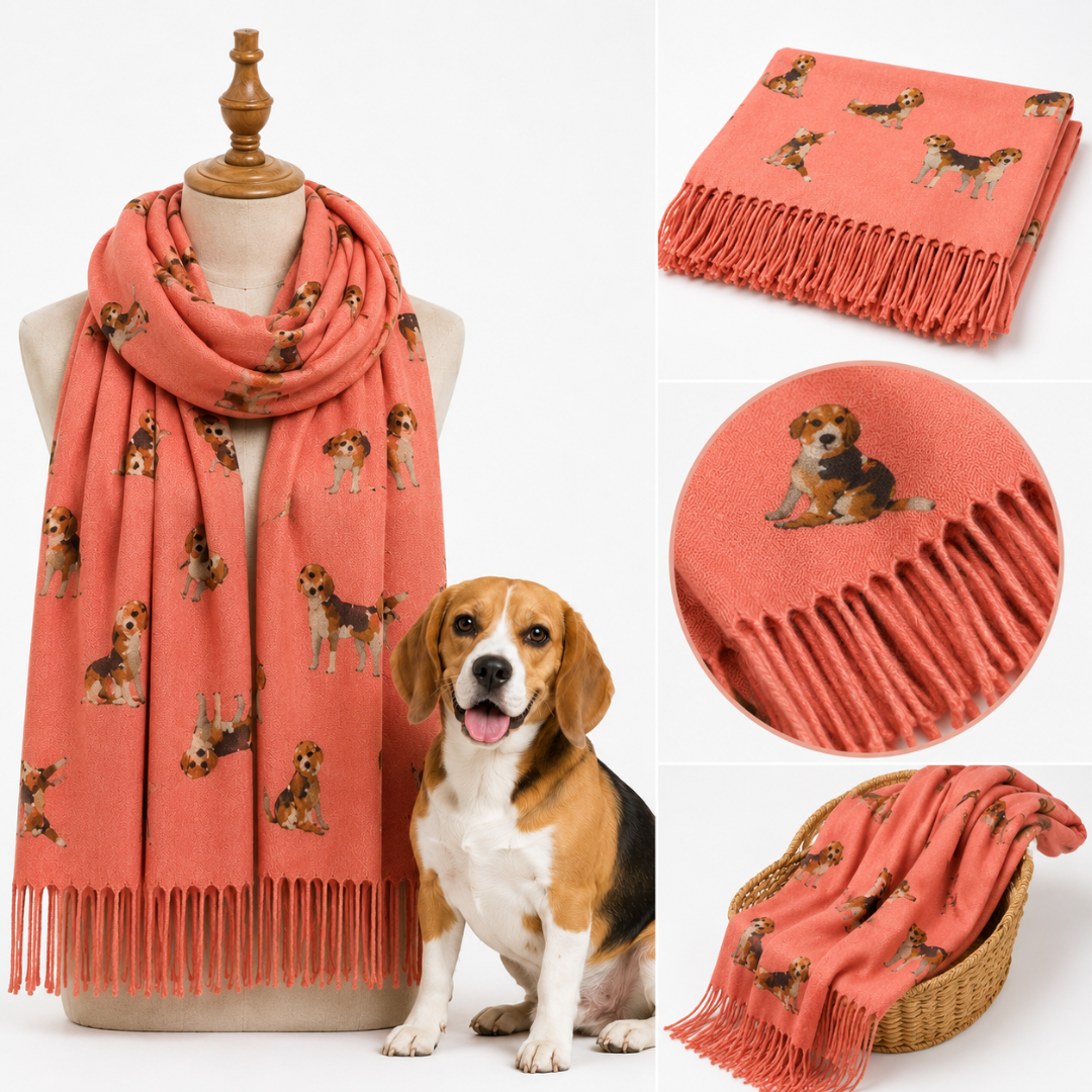 Sjaal met Beagle hondenprint en franjeranden: Roze