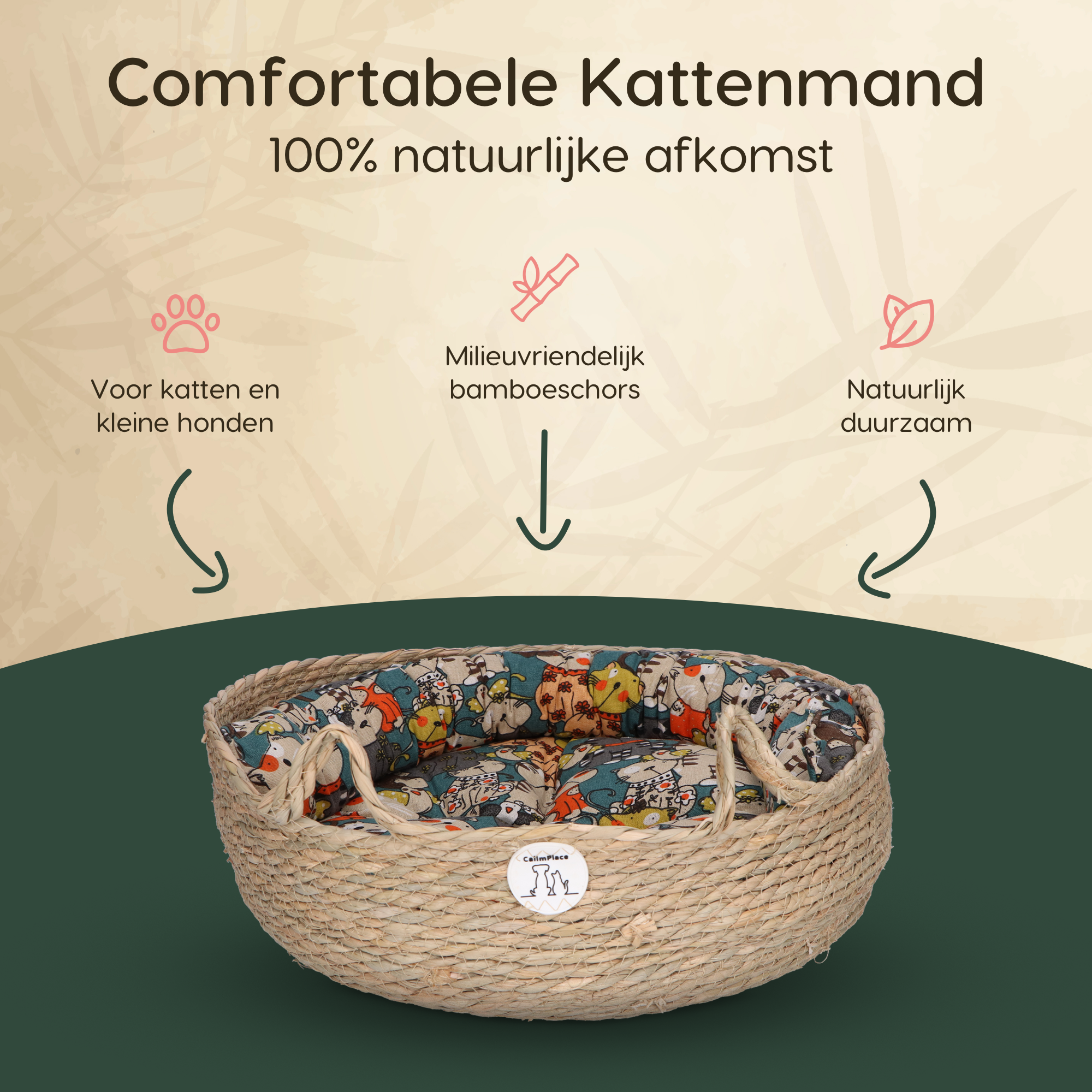 CallmPlace - Rotan Kattenmand - Duurzaam - Kleine hondenmand 44x44 cm - Met Bonte kleur Kussen en Zachte Rand - Comfortabel - Harmony Baskets