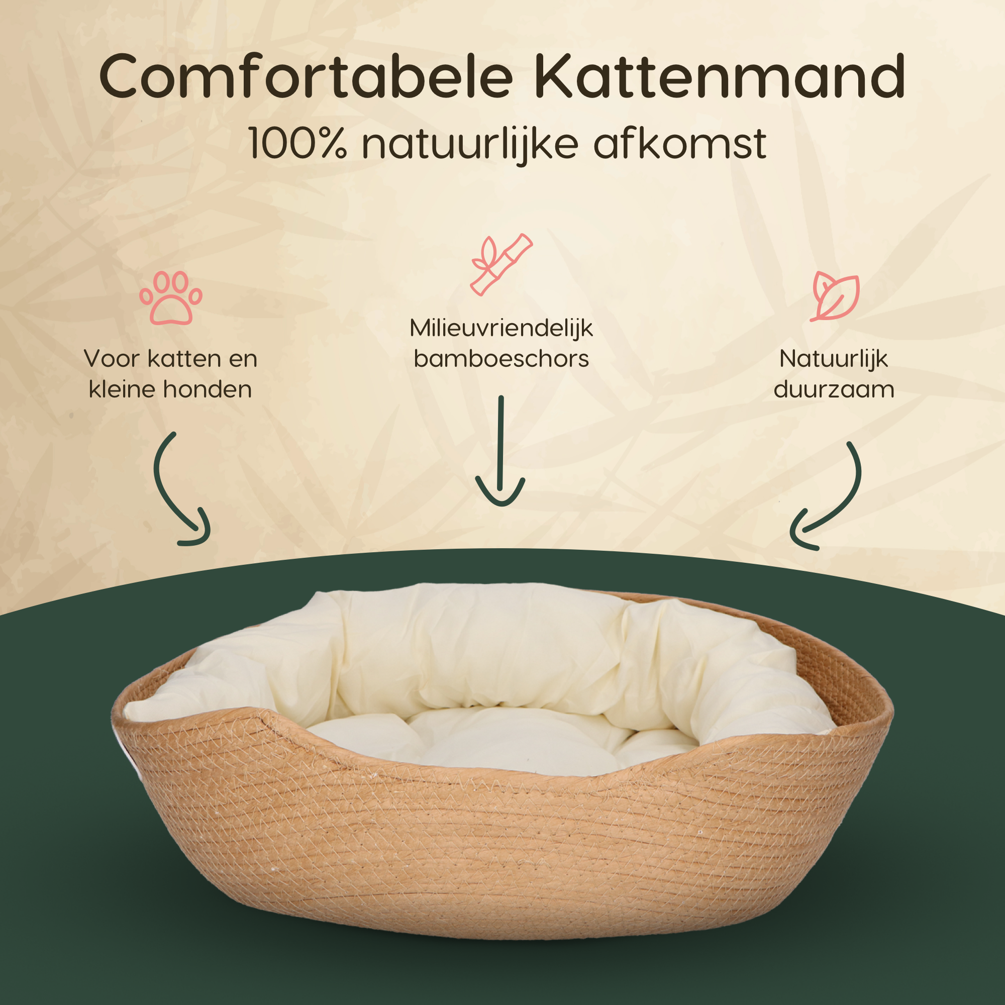 CallmPlace - Kattenmand - Rieten katten mand - Rotan Kattenmand - Duurzaam - Kleine hondenmand 45x45 cm - Met Wit Kussen en Zachte Rand - Comfortabel - Elegant Edge