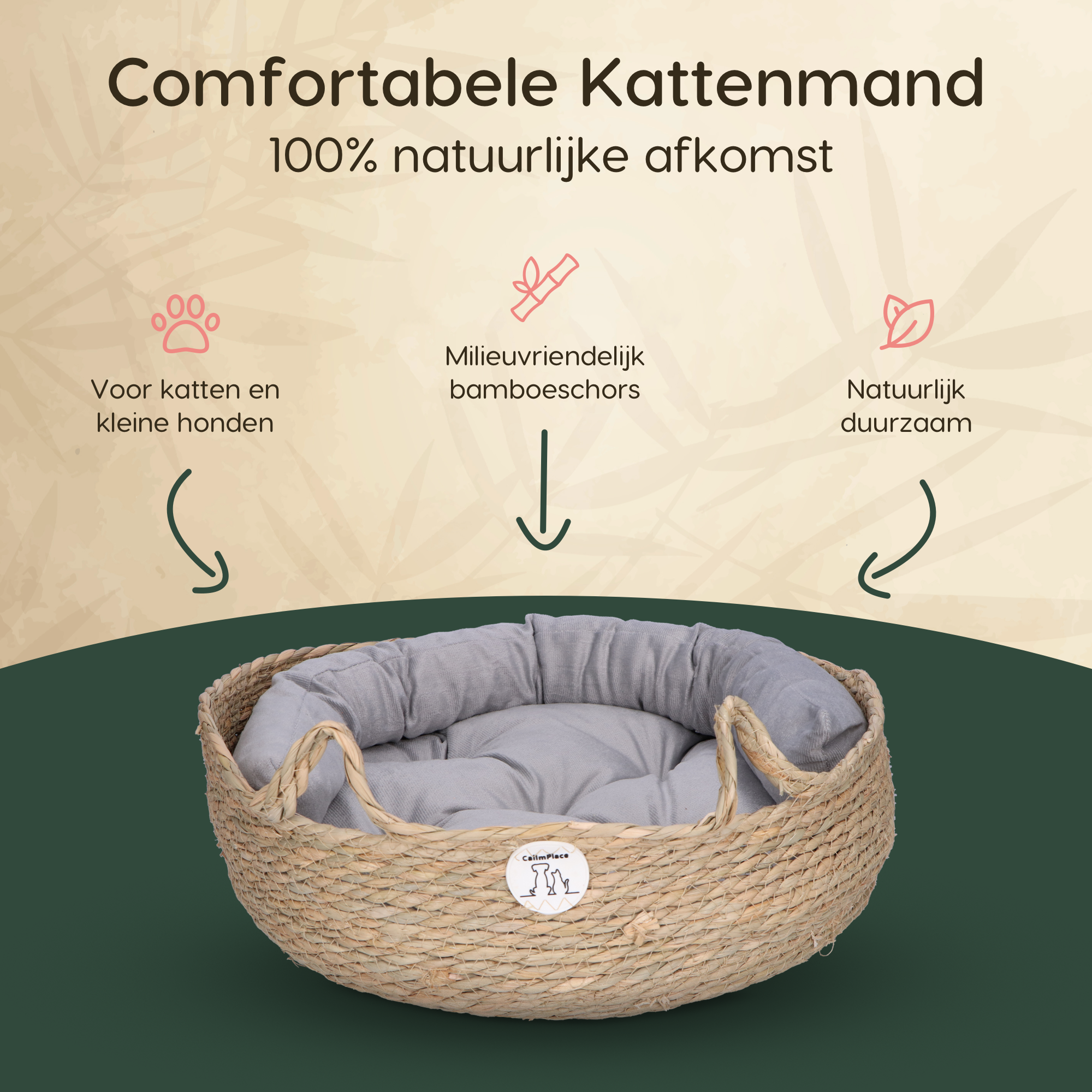 CallmPlace Harmony Baskets - Kattenmand - Rotan Rieten Mand - Zacht Grijs Kussen - Comfortabel en Duurzaam - 44x44 cm