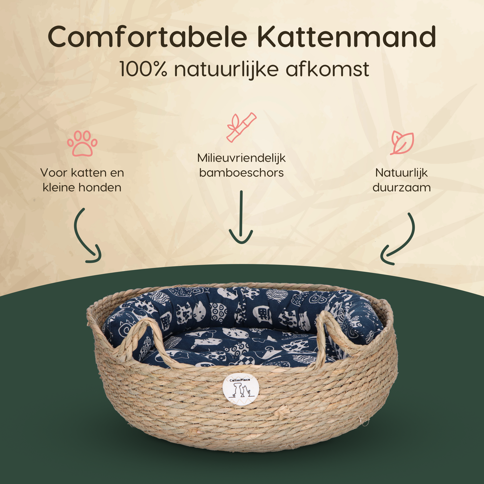 CallmPlace - Kattenmand - Rieten katten mand - Rotan Kattenmand - Duurzaam - Kleine hondenmand 44x44 cm - Met Blauwe Kussen en Zachte Rand - Comfortabel - Harmony Baskets
