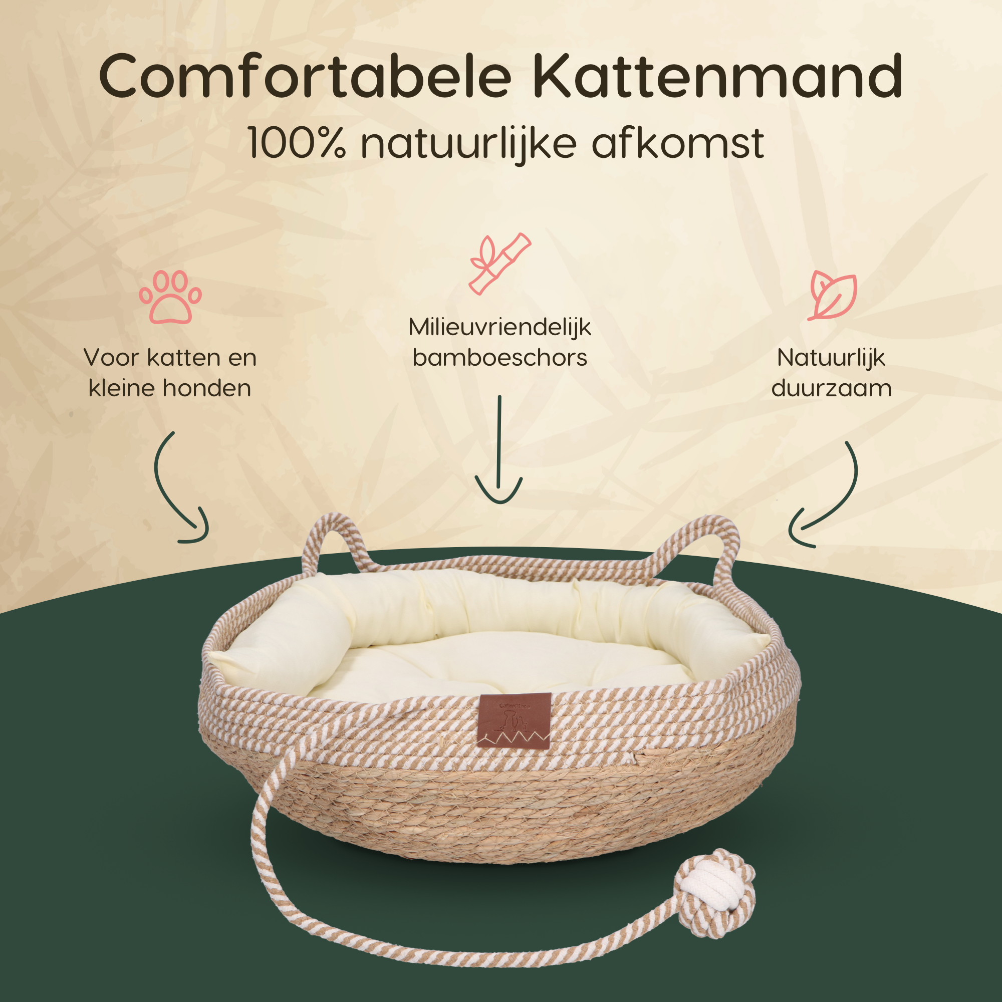 CallmPlace Kattenmand van Rotan – Inclusief Zacht Kussen & Speelbal – Duurzaam, Stijlvol & Comfortabel – Ø48 cm