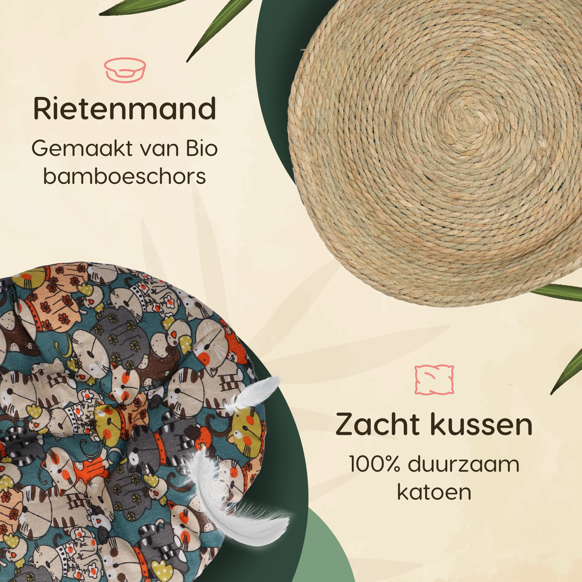 CallmPlace - Rotan Kattenmand - Duurzaam - Kleine hondenmand 44x44 cm - Met Bonte kleur Kussen en Zachte Rand - Comfortabel - Harmony Baskets