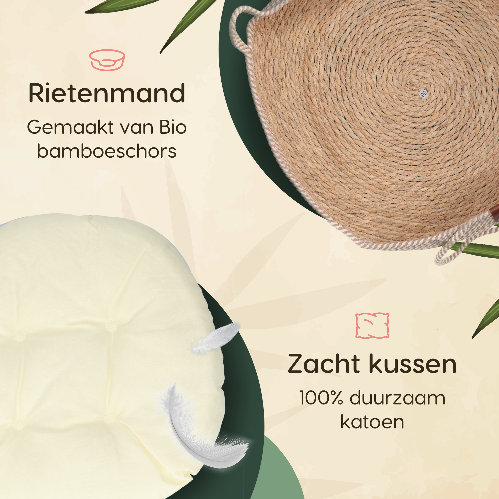 CallmPlace Kattenmand van Rotan – Inclusief Zacht Kussen & Speelbal – Duurzaam, Stijlvol & Comfortabel – Ø48 cm