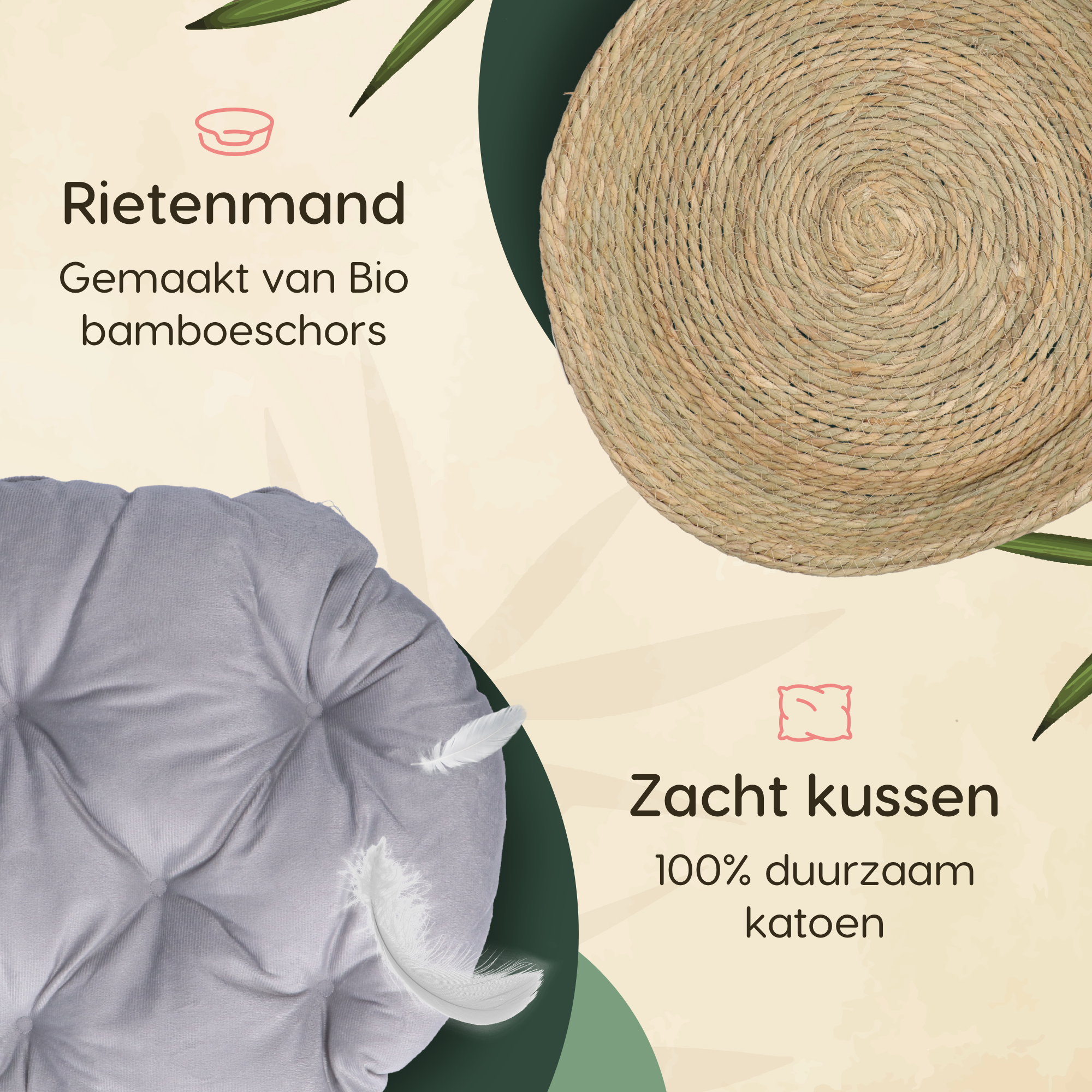 CallmPlace Harmony Baskets - Kattenmand - Rotan Rieten Mand - Zacht Grijs Kussen - Comfortabel en Duurzaam - 44x44 cm