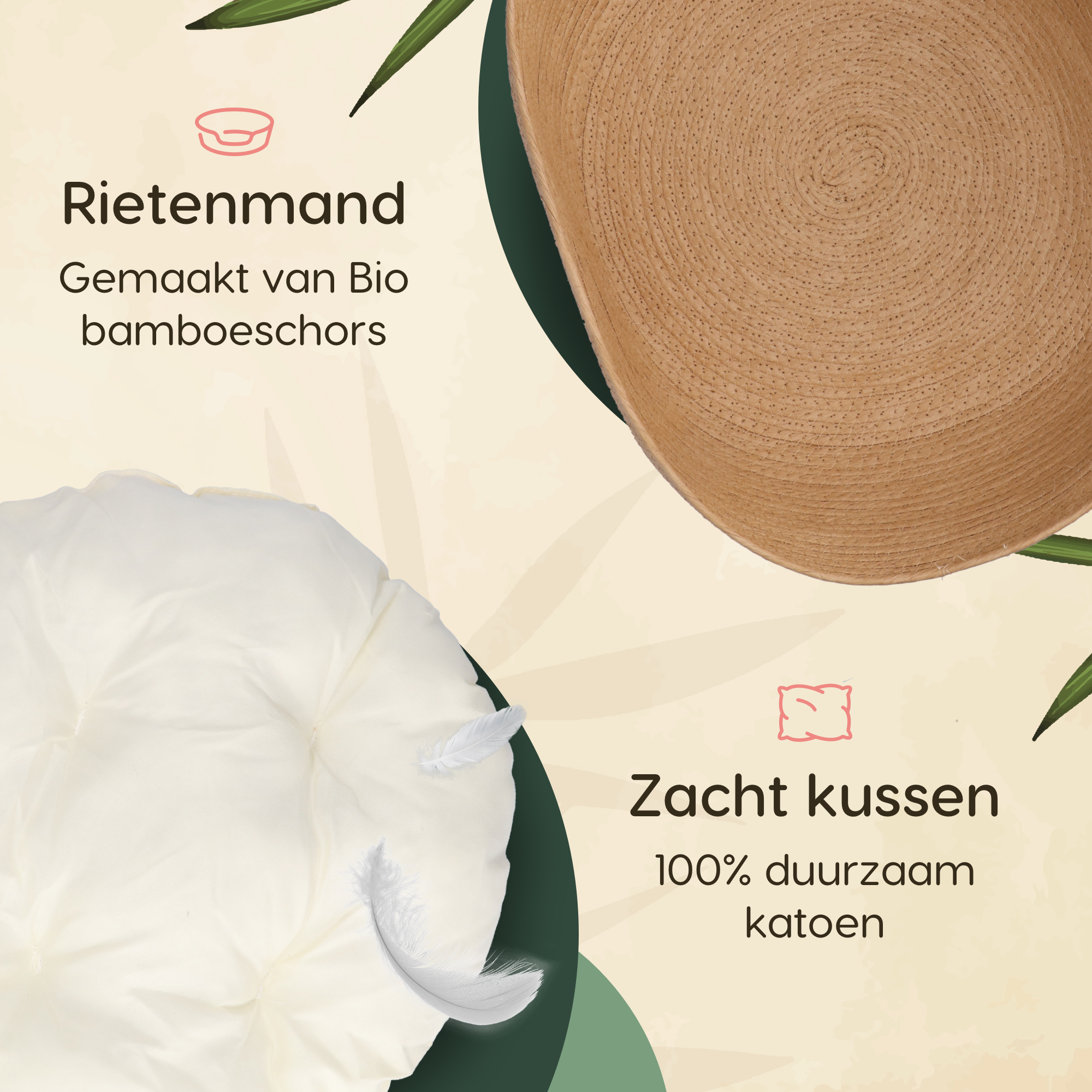 CallmPlace - Kattenmand - Rieten katten mand - Rotan Kattenmand - Duurzaam - Kleine hondenmand 45x45 cm - Met Wit Kussen en Zachte Rand - Comfortabel - Elegant Edge