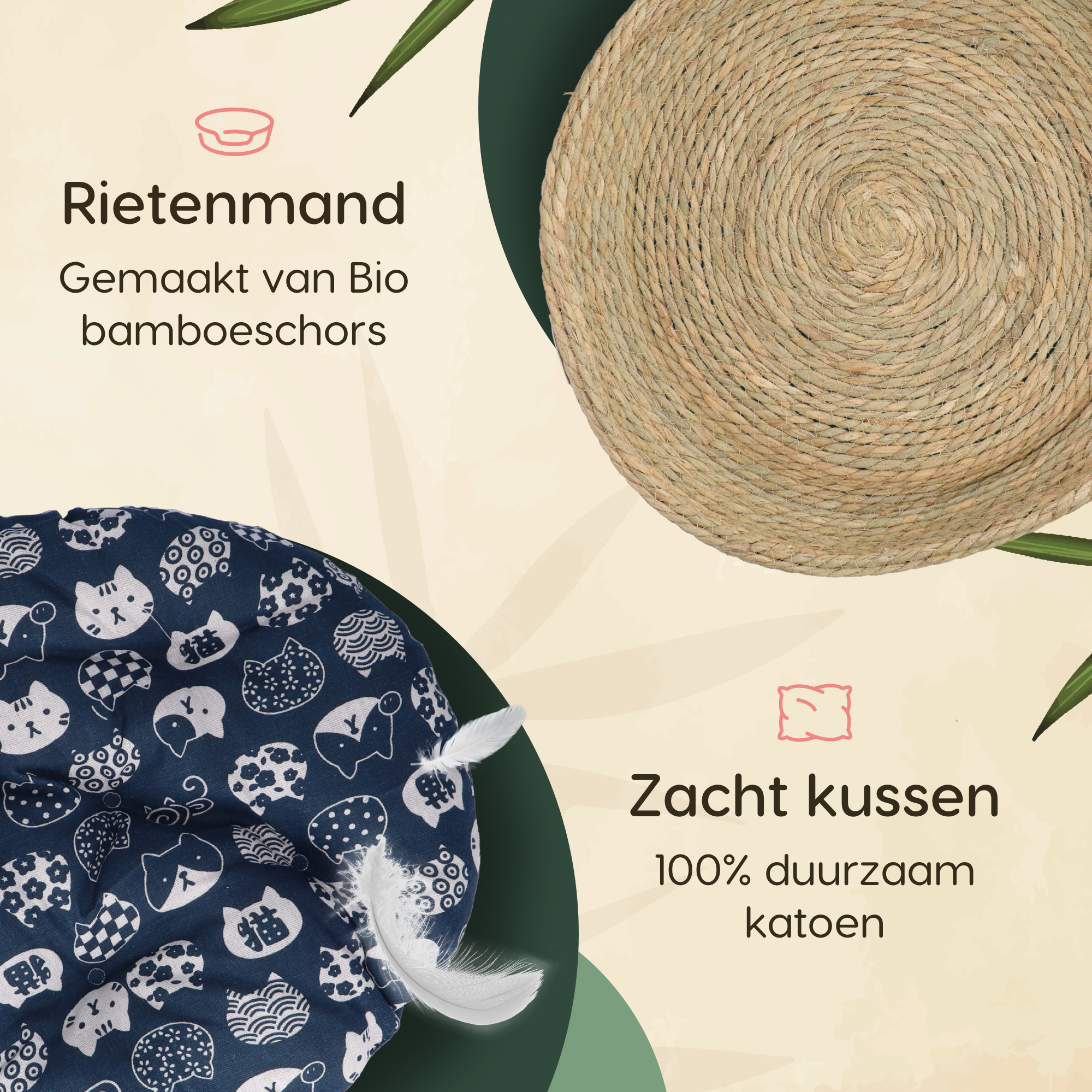 CallmPlace - Kattenmand - Rieten katten mand - Rotan Kattenmand - Duurzaam - Kleine hondenmand 44x44 cm - Met Blauwe Kussen en Zachte Rand - Comfortabel - Harmony Baskets
