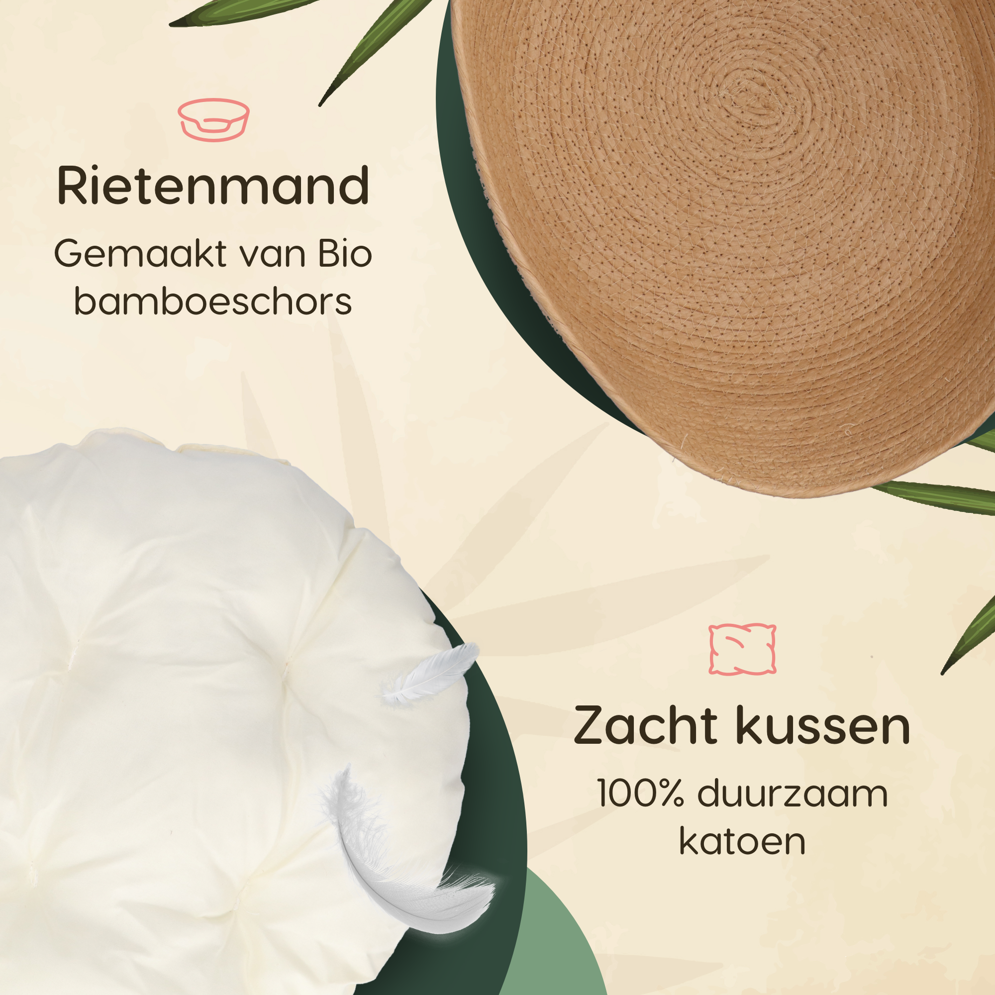 CallmPlace - Kattenmand - Rieten katten mand - Rotan Kattenmand - Duurzaam - Kleine hondenmand 38x38 cm - Met Wit Kussen en Zachte Rand - Comfortabel - Elegant Edge