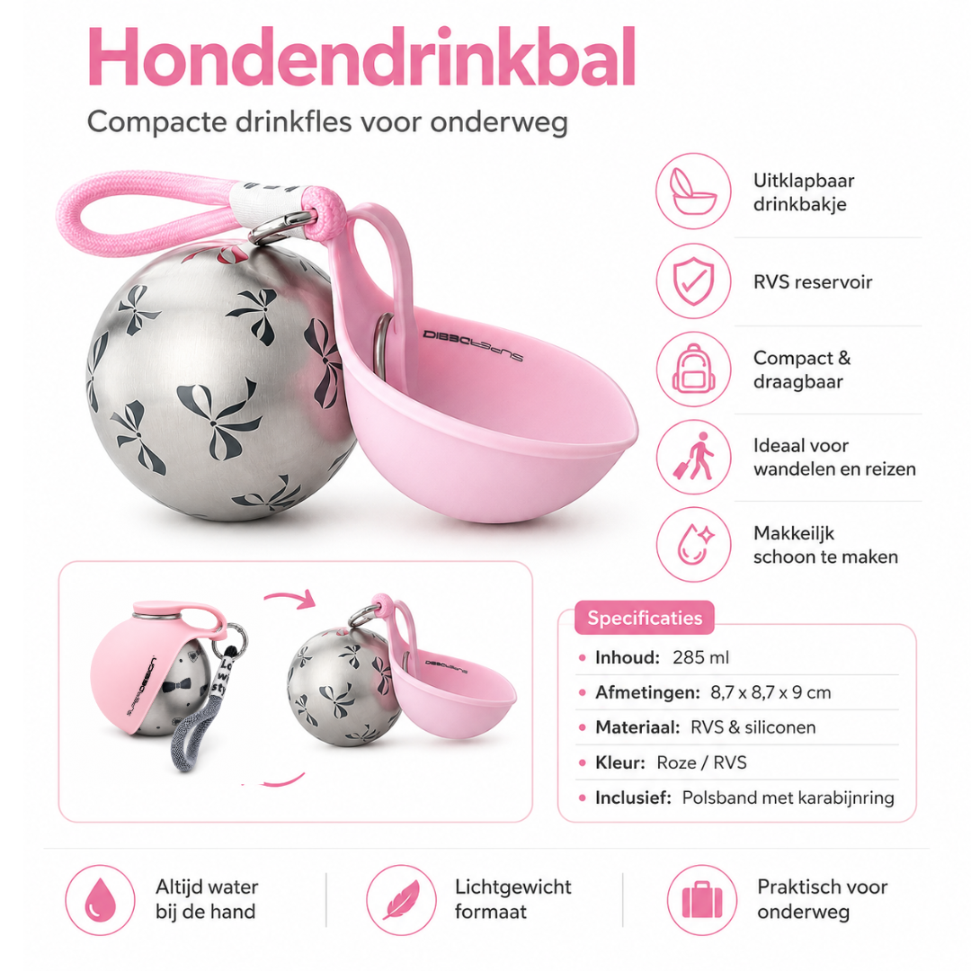 Hondendrinkbal voor onderweg – Draagbare honden drinkfles 285 ml – RVS drinkbal met siliconen drinkbak – Lekvrij – Voor wandelen, reizen en auto – Roze