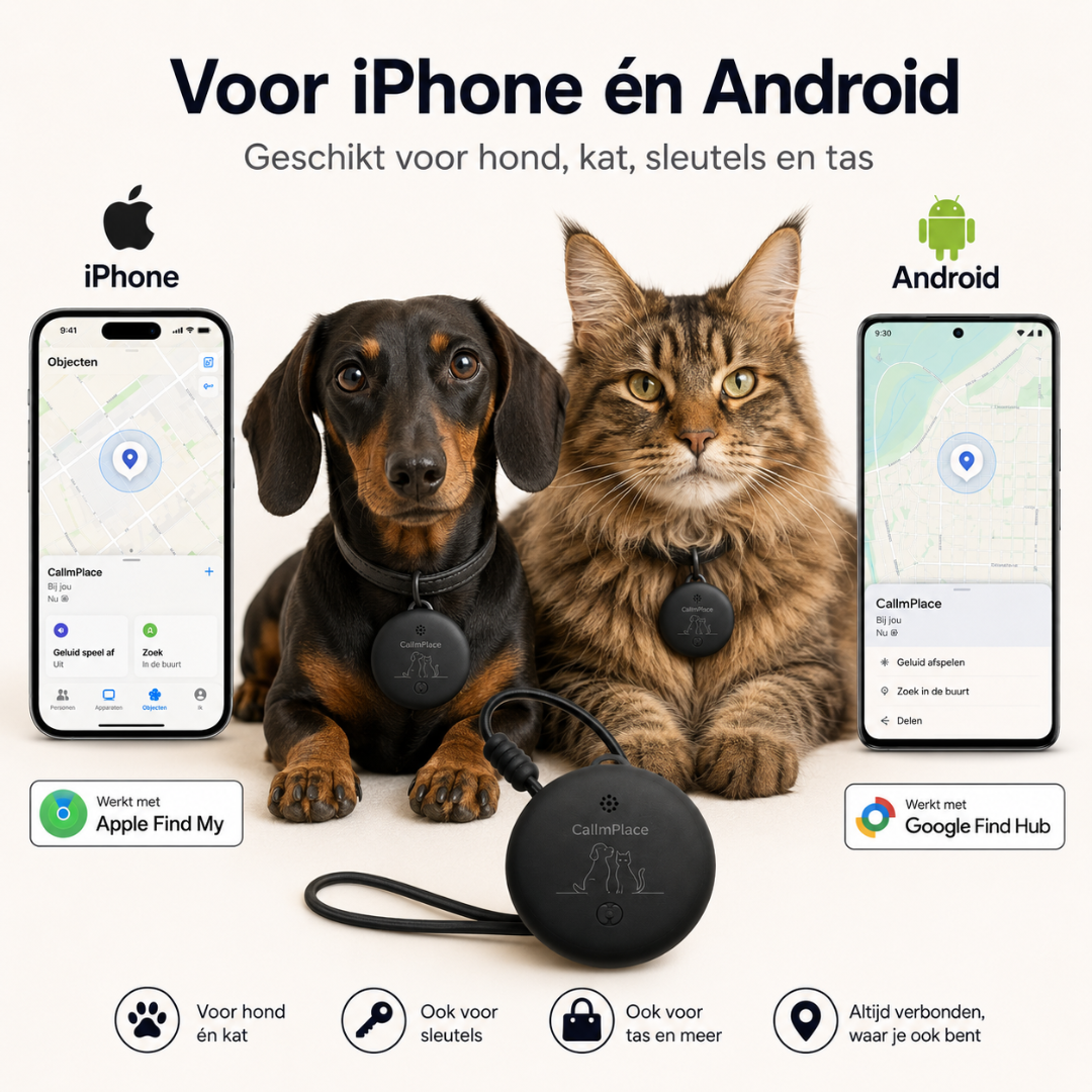 CallmPlace Tracker voor hond en kat – Werkt met iPhone en Android – Huisdier tracker – Sleutelvinder – Voor tas, koffer en halsband – Zwart