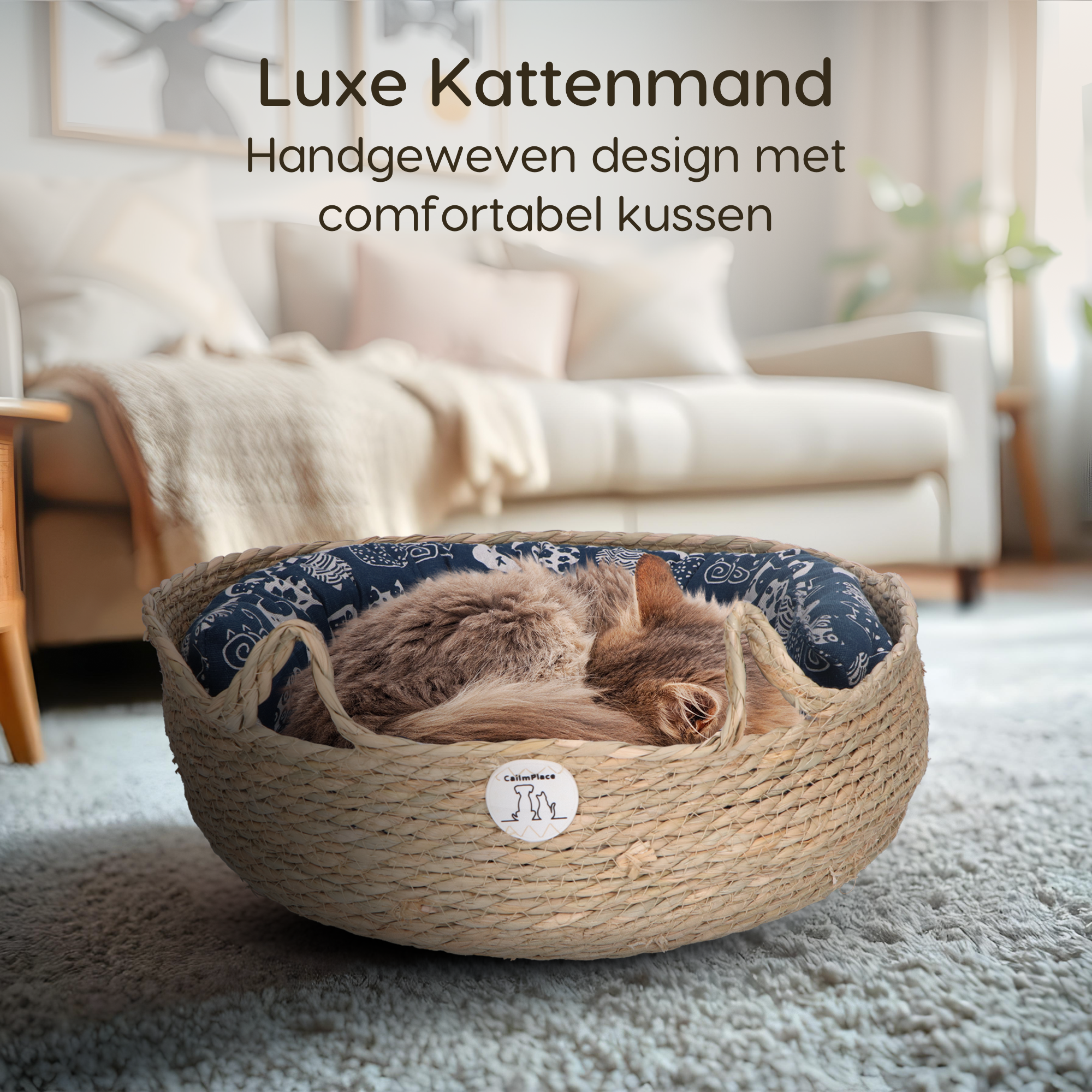 CallmPlace - Kattenmand - Rieten katten mand - Rotan Kattenmand - Duurzaam - Kleine hondenmand 44x44 cm - Met Blauwe Kussen en Zachte Rand - Comfortabel - Harmony Baskets