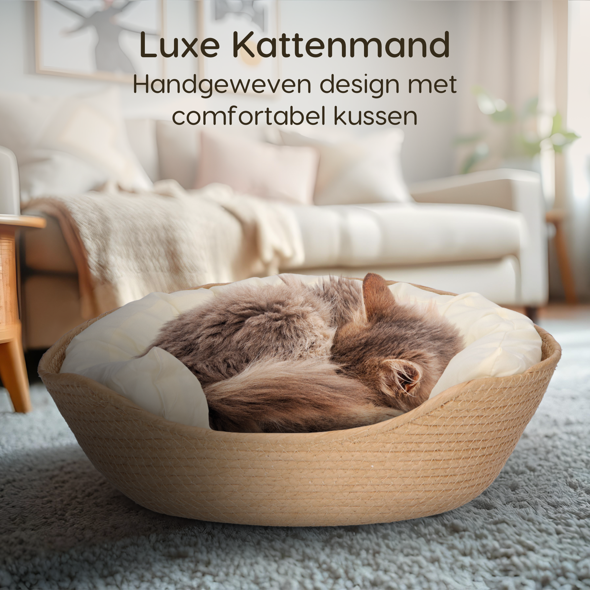 CallmPlace - Kattenmand - Rieten katten mand - Rotan Kattenmand - Duurzaam - Kleine hondenmand 38x38 cm - Met Wit Kussen en Zachte Rand - Comfortabel - Elegant Edge