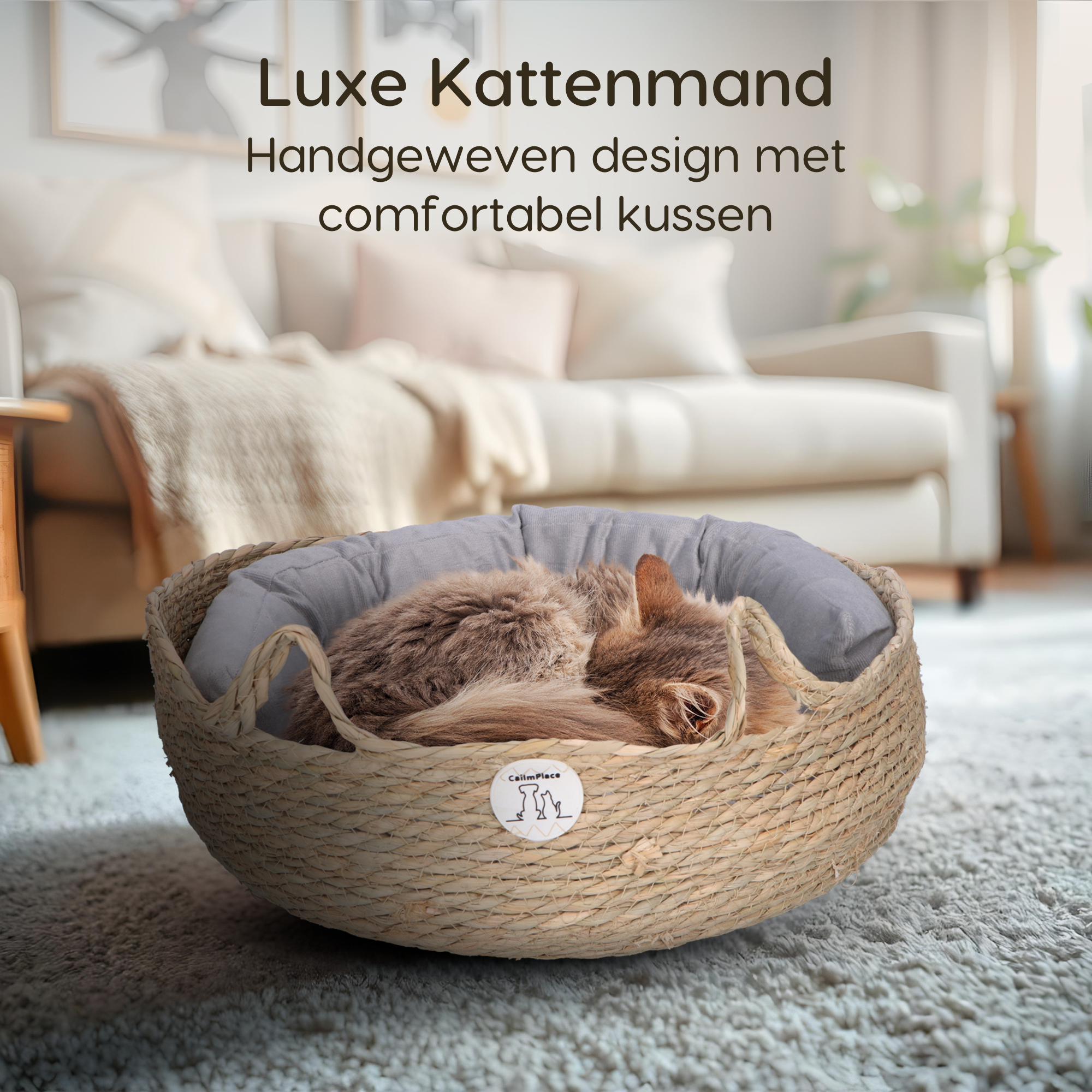 CallmPlace Harmony Baskets - Kattenmand - Rotan Rieten Mand - Zacht Grijs Kussen - Comfortabel en Duurzaam - 44x44 cm