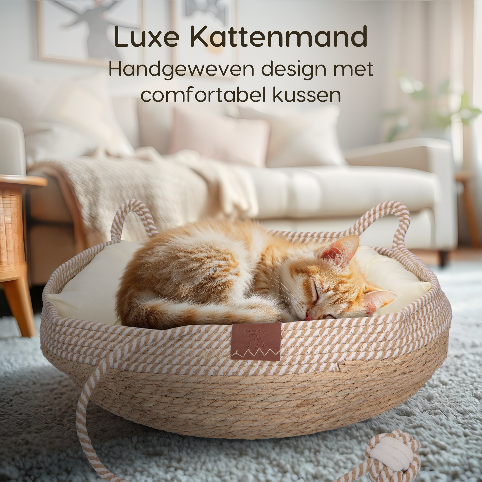 CallmPlace Kattenmand van Rotan – Inclusief Zacht Kussen & Speelbal – Duurzaam, Stijlvol & Comfortabel – Ø48 cm