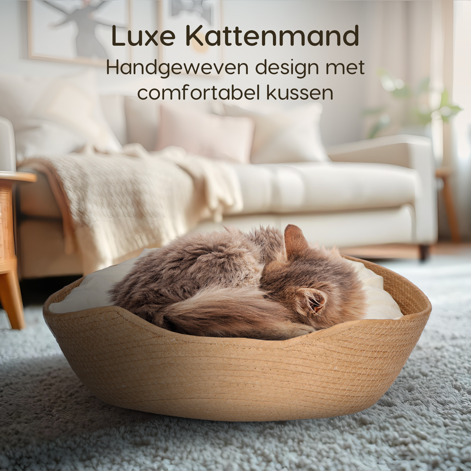 CallmPlace - Kattenmand - Rieten katten mand - Rotan Kattenmand - Duurzaam - Kleine hondenmand 45x45 cm - Met Wit Kussen en Zachte Rand - Comfortabel - Elegant Edge