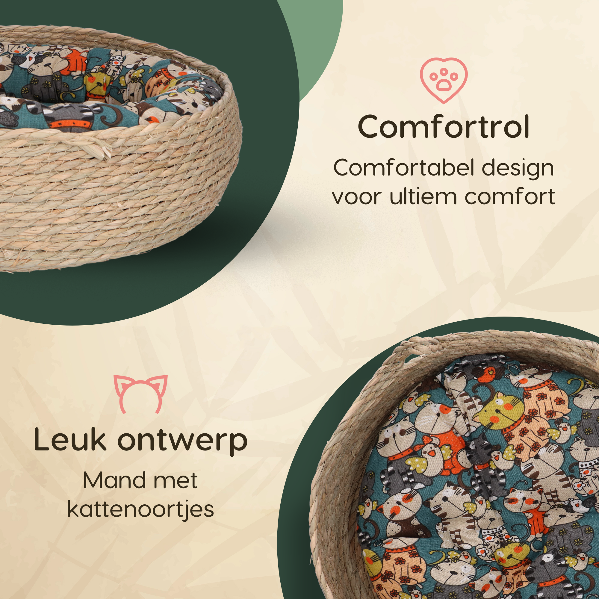 CallmPlace - Rotan Kattenmand - Duurzaam - Kleine hondenmand 44x44 cm - Met Bonte kleur Kussen en Zachte Rand - Comfortabel - Harmony Baskets