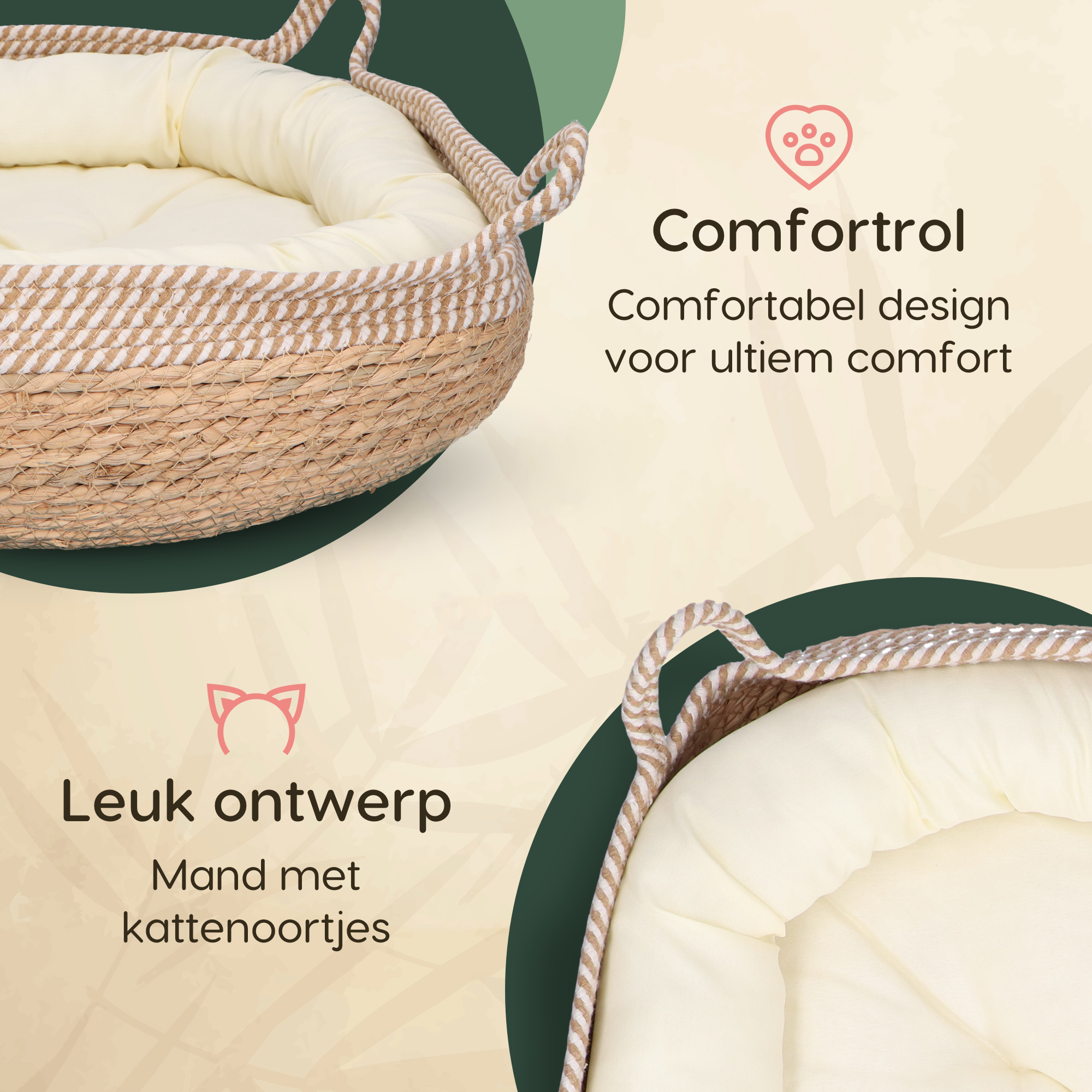 CallmPlace Kattenmand van Rotan – Inclusief Zacht Kussen & Speelbal – Duurzaam, Stijlvol & Comfortabel – Ø48 cm