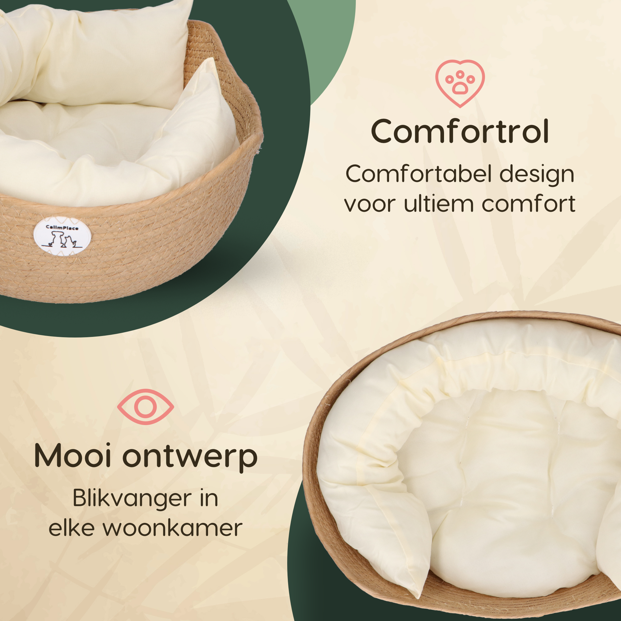 CallmPlace - Kattenmand - Rieten katten mand - Rotan Kattenmand - Duurzaam - Kleine hondenmand 38x38 cm - Met Wit Kussen en Zachte Rand - Comfortabel - Elegant Edge