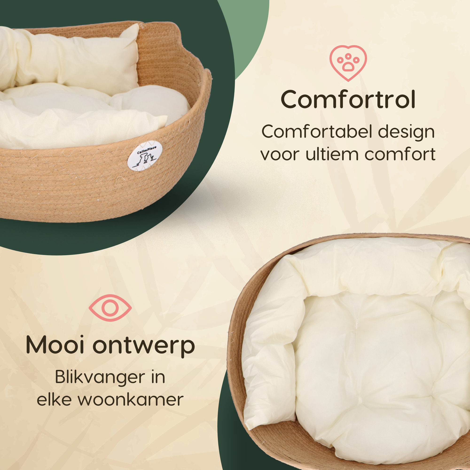 CallmPlace - Kattenmand - Rieten katten mand - Rotan Kattenmand - Duurzaam - Kleine hondenmand 45x45 cm - Met Wit Kussen en Zachte Rand - Comfortabel - Elegant Edge