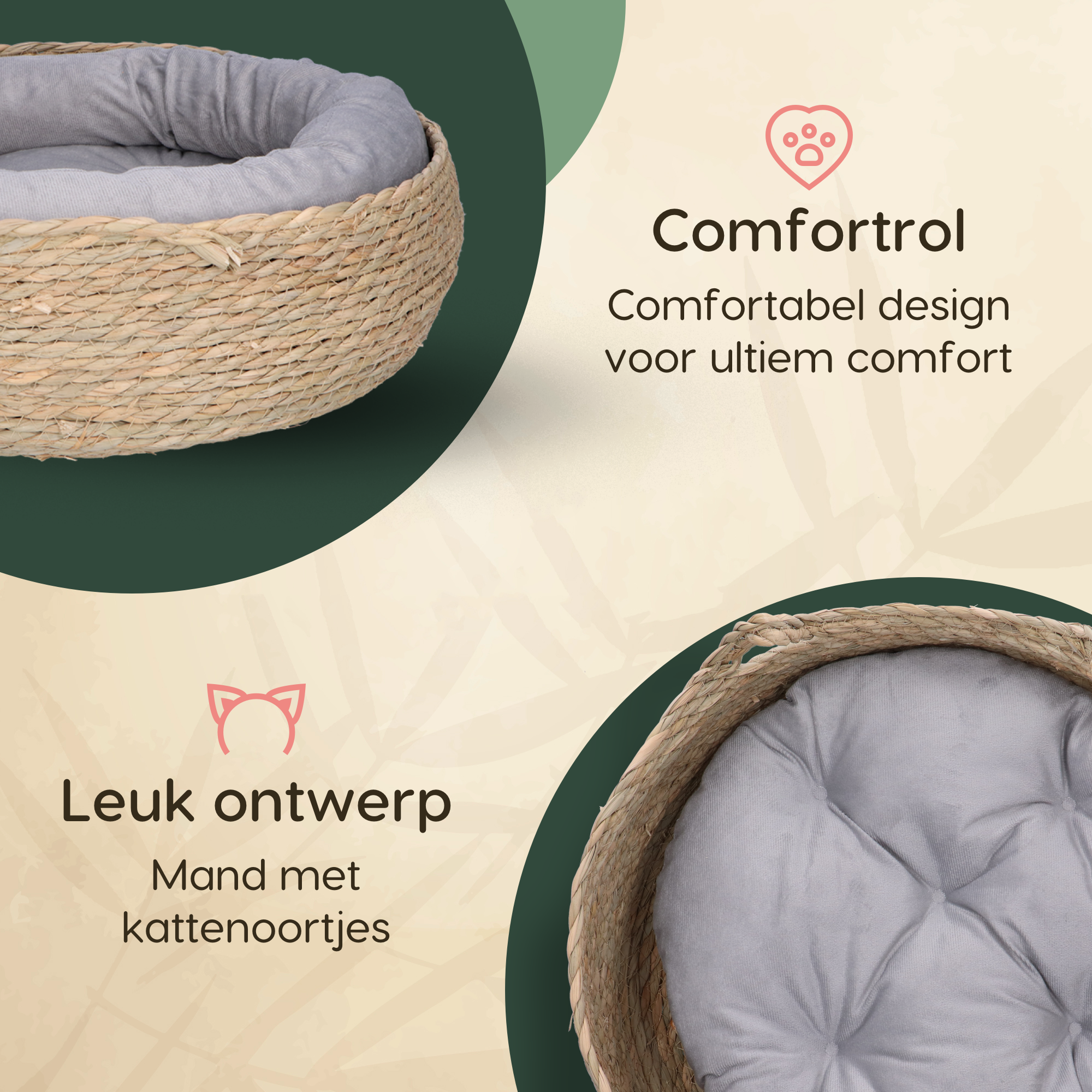 CallmPlace Harmony Baskets - Kattenmand - Rotan Rieten Mand - Zacht Grijs Kussen - Comfortabel en Duurzaam - 44x44 cm