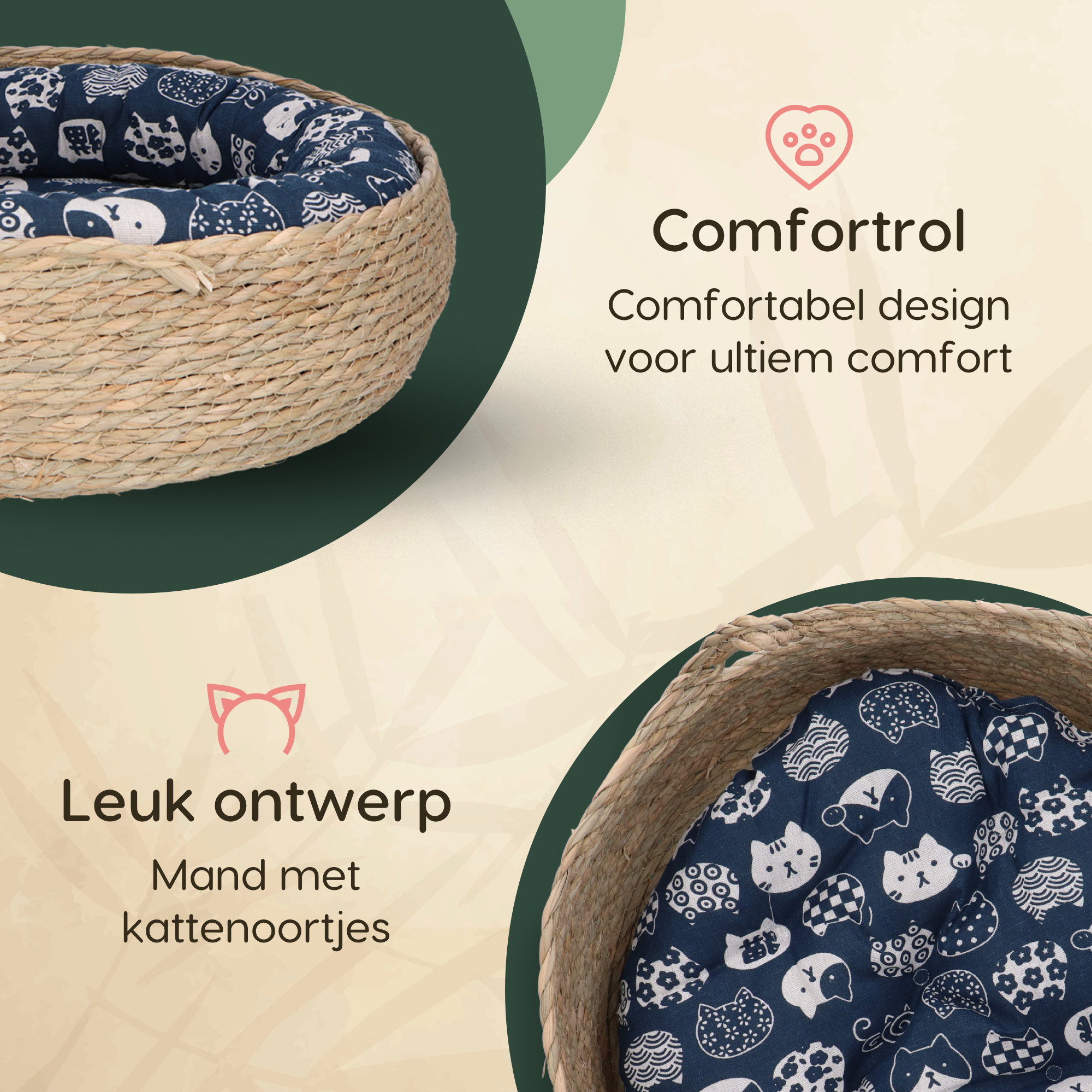 CallmPlace - Kattenmand - Rieten katten mand - Rotan Kattenmand - Duurzaam - Kleine hondenmand 44x44 cm - Met Blauwe Kussen en Zachte Rand - Comfortabel - Harmony Baskets