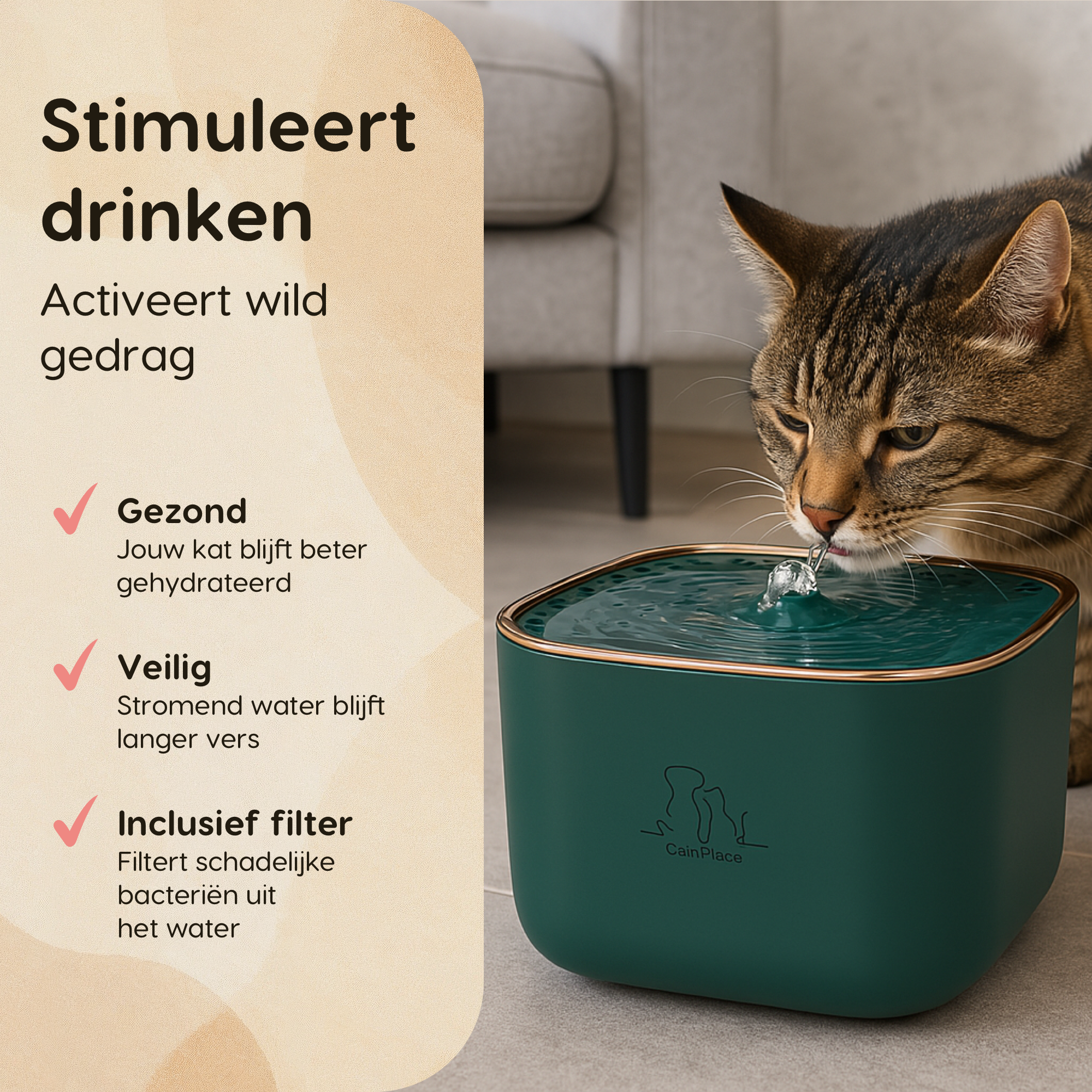 CallmPlace Drinkfontein - Waterfontein voor katten en kleine honden - 3 liter - fluisterstil MET filter - huisdier - Kleur groen