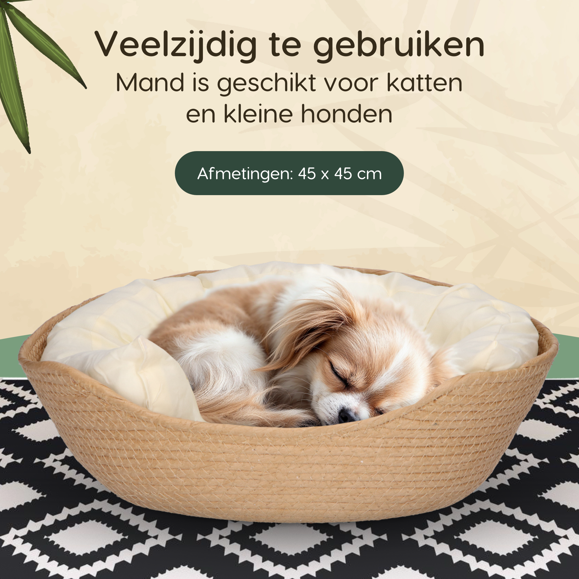 CallmPlace - Kattenmand - Rieten katten mand - Rotan Kattenmand - Duurzaam - Kleine hondenmand 45x45 cm - Met Wit Kussen en Zachte Rand - Comfortabel - Elegant Edge