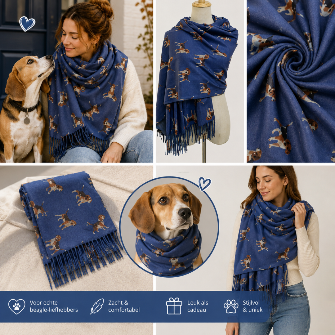 Sjaal met Beagle hondenprint en franjeranden: Denim