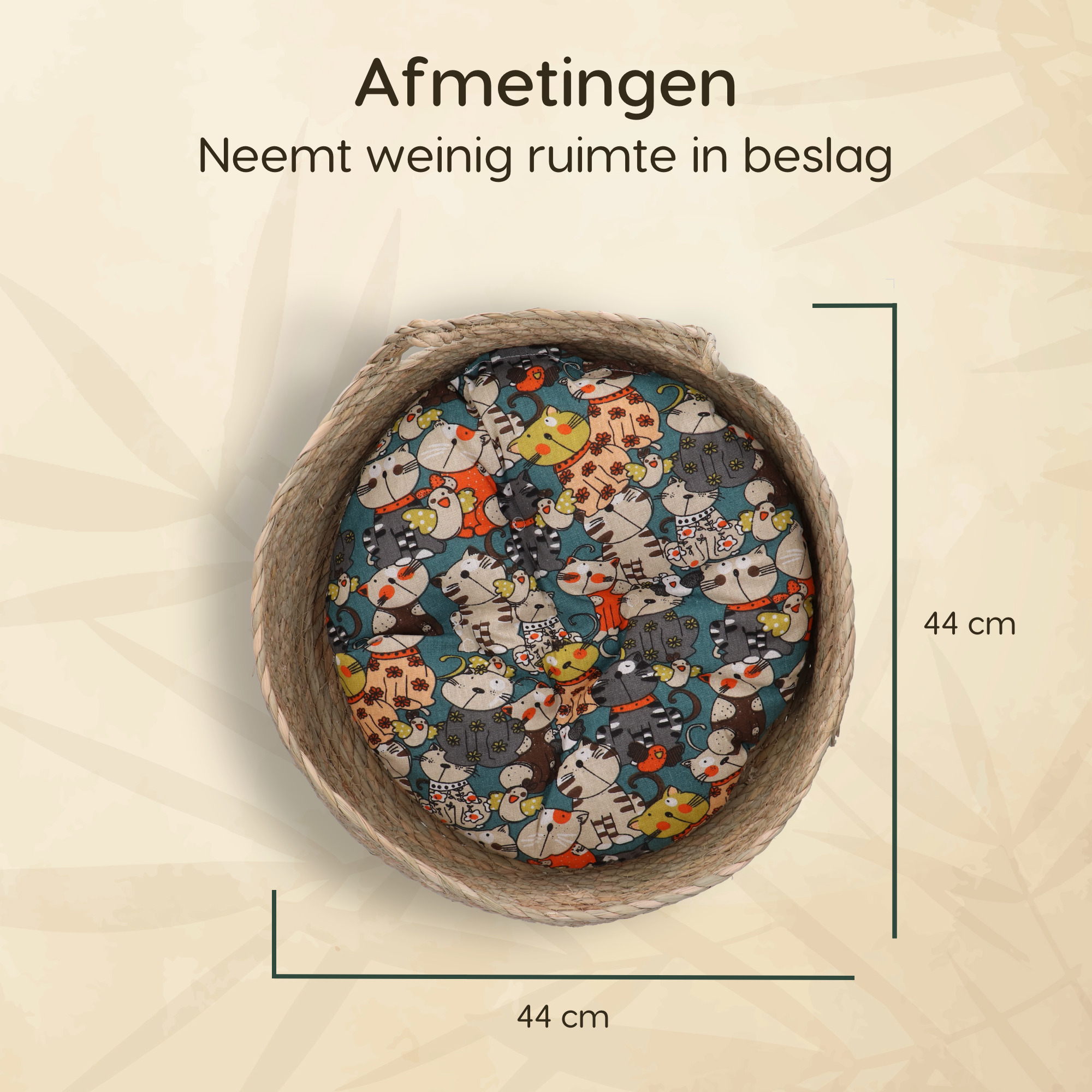 CallmPlace - Rotan Kattenmand - Duurzaam - Kleine hondenmand 44x44 cm - Met Bonte kleur Kussen en Zachte Rand - Comfortabel - Harmony Baskets