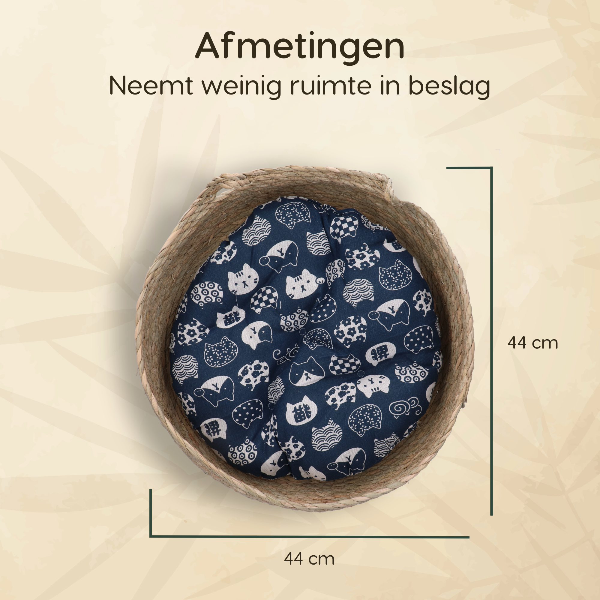 CallmPlace - Kattenmand - Rieten katten mand - Rotan Kattenmand - Duurzaam - Kleine hondenmand 44x44 cm - Met Blauwe Kussen en Zachte Rand - Comfortabel - Harmony Baskets