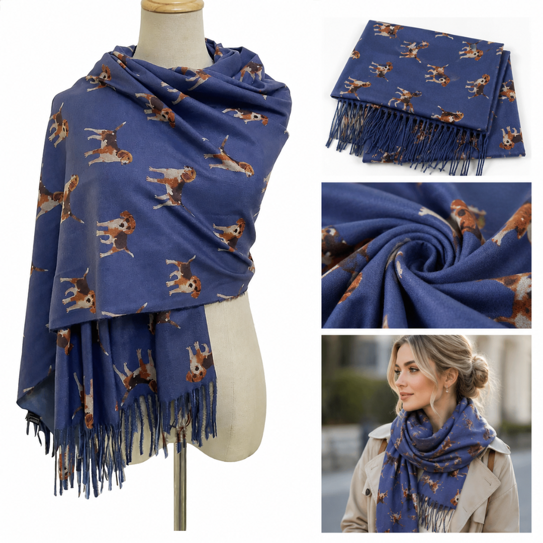 Sjaal met Beagle hondenprint en franjeranden: Denim