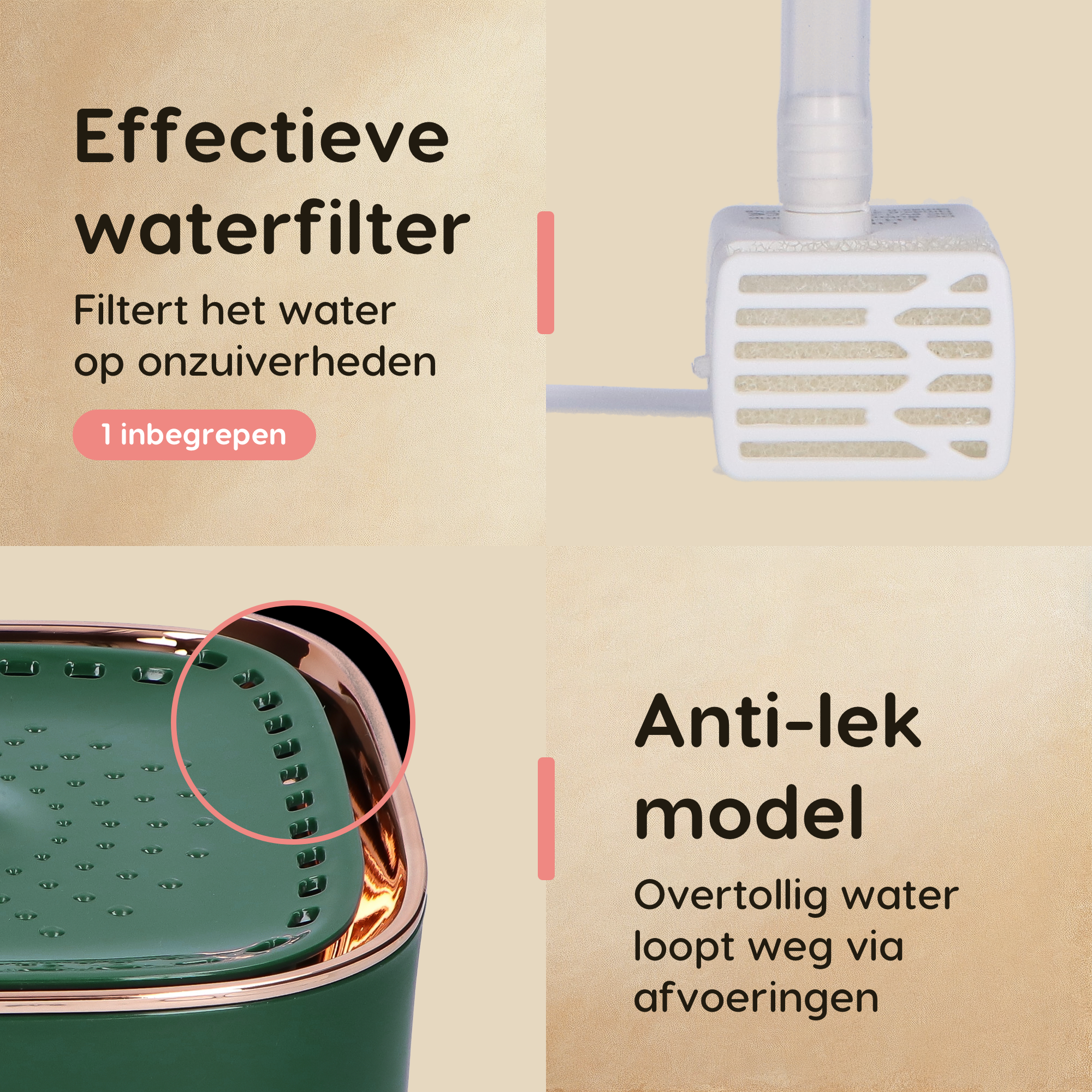 CallmPlace Drinkfontein - Waterfontein voor katten en kleine honden - 3 liter - fluisterstil MET filter - huisdier - Kleur groen