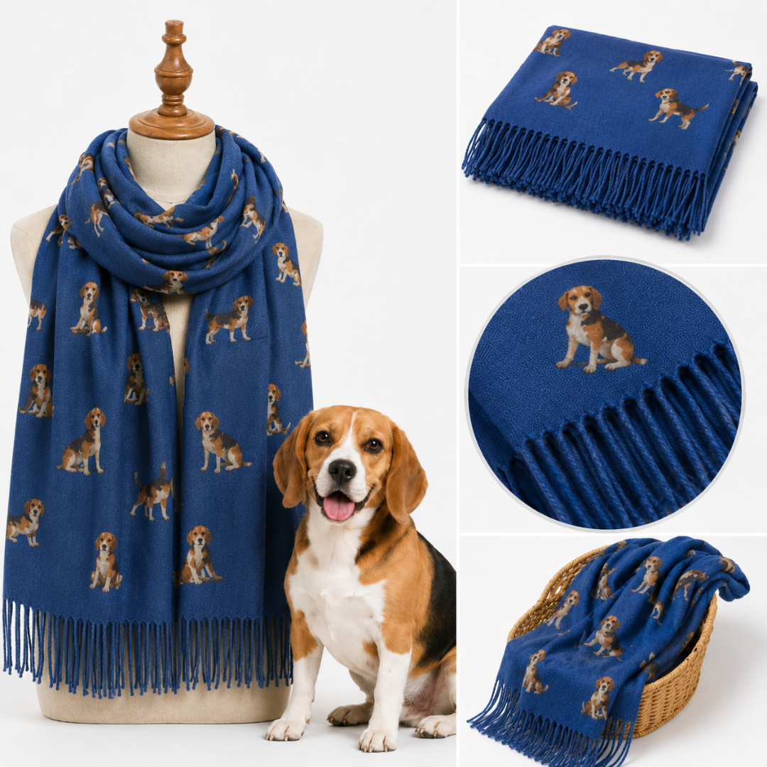 Sjaal met Beagle hondenprint en franjeranden: Denim
