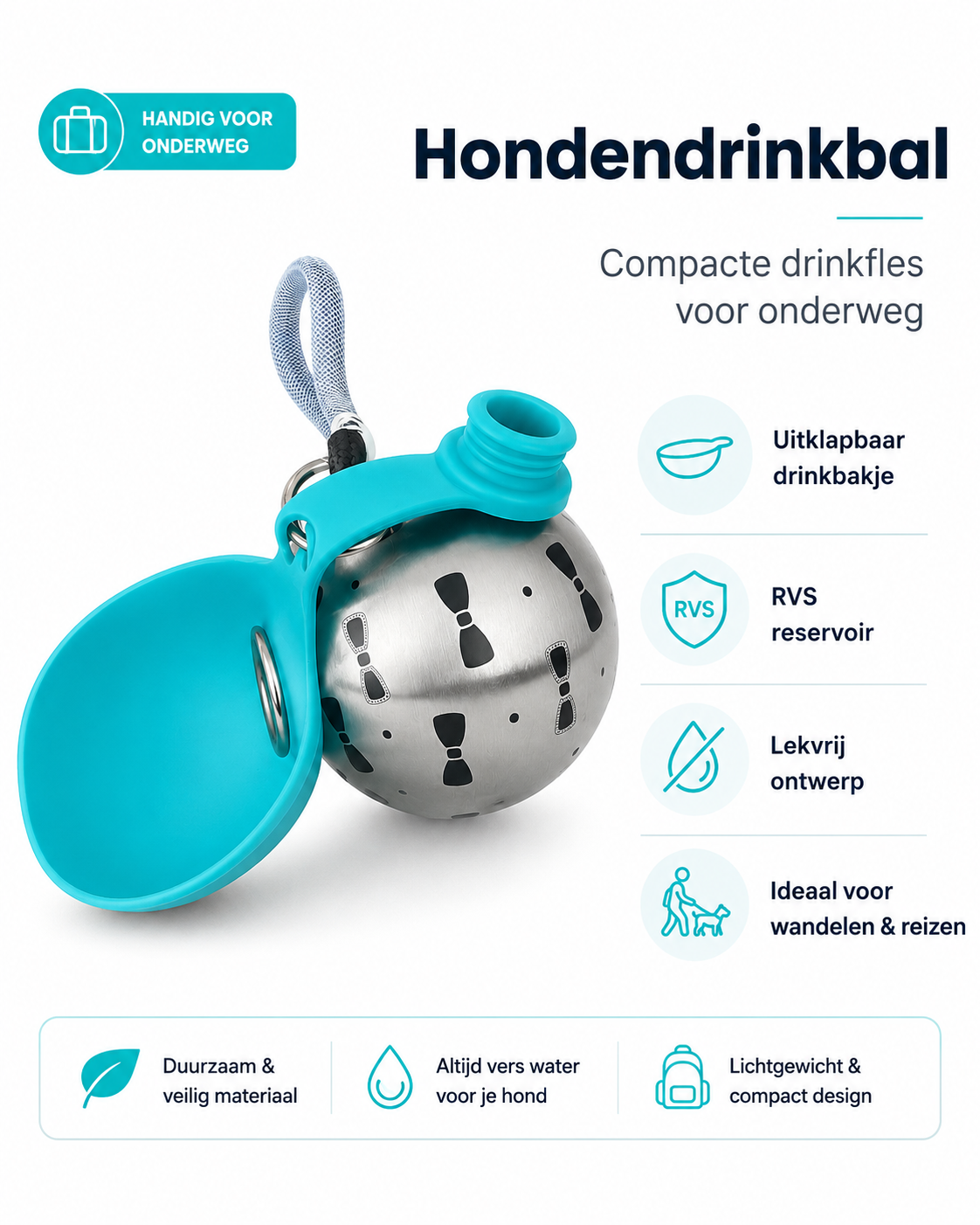 Hondendrinkbal voor onderweg – Draagbare honden drinkfles 285 ml – RVS drinkbal met siliconen drinkbak – Lekvrij – Voor wandelen, reizen en auto – Turquoise