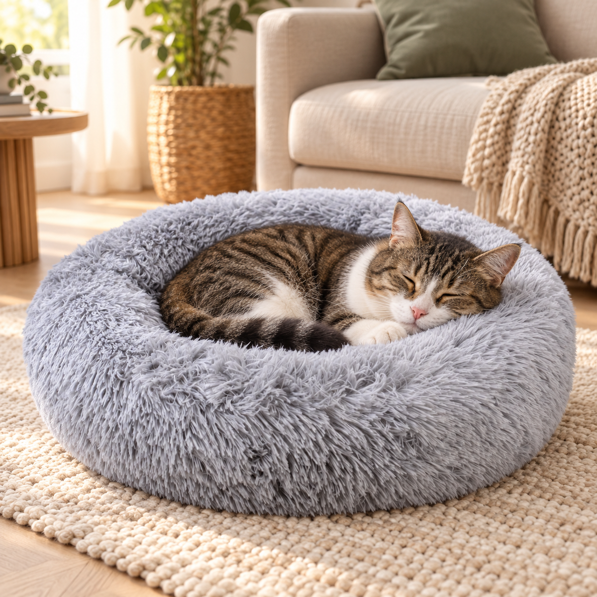 Kattenmand - Kleine hondenmand - Pluche kattenbed – Zachte ronde kattenmand – Ø 60 cm – Grijs