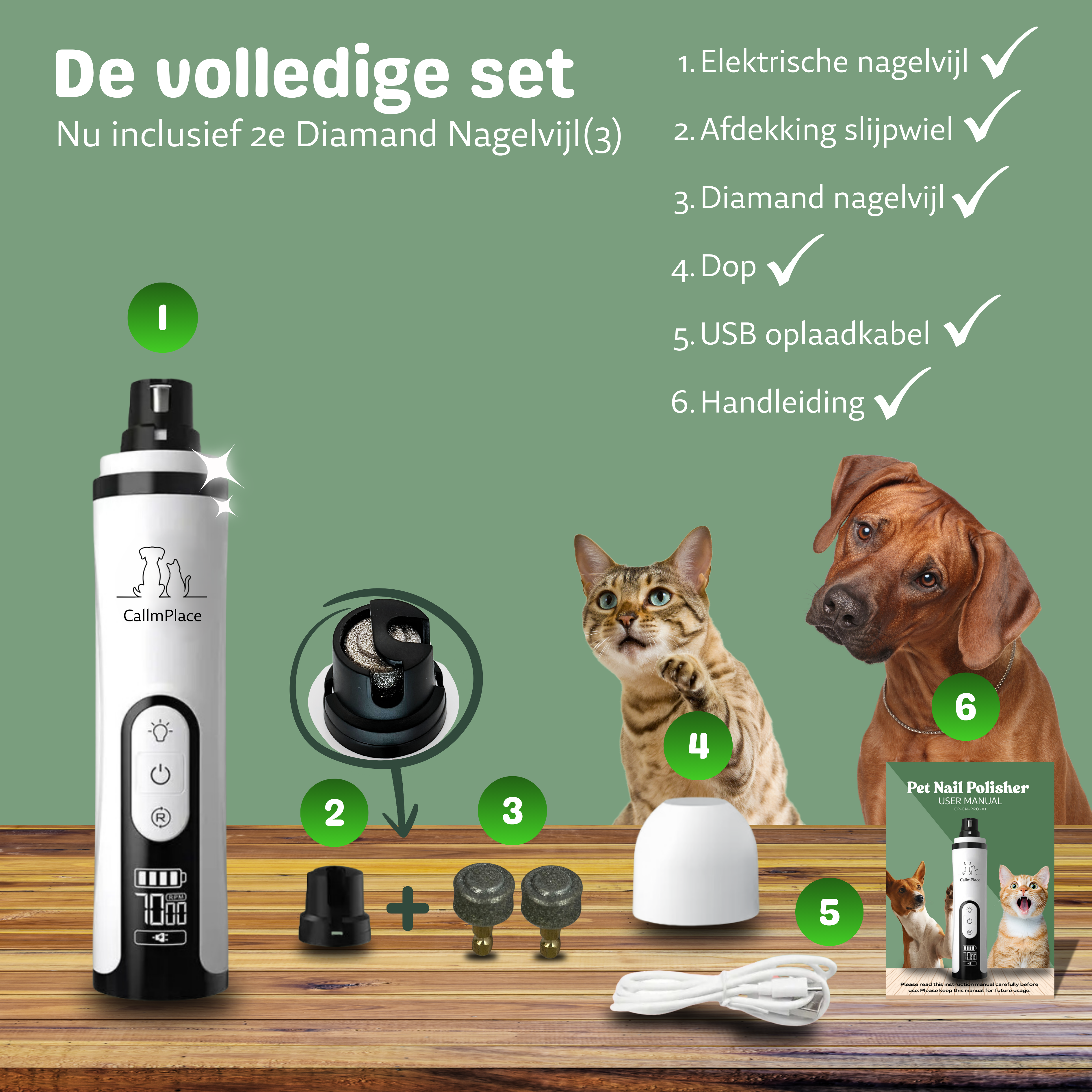 CallmPlace Elektrische Nagelvijl voor Honden en Katten - 2 koppen ( 1 gemonteerd en 1 extra)