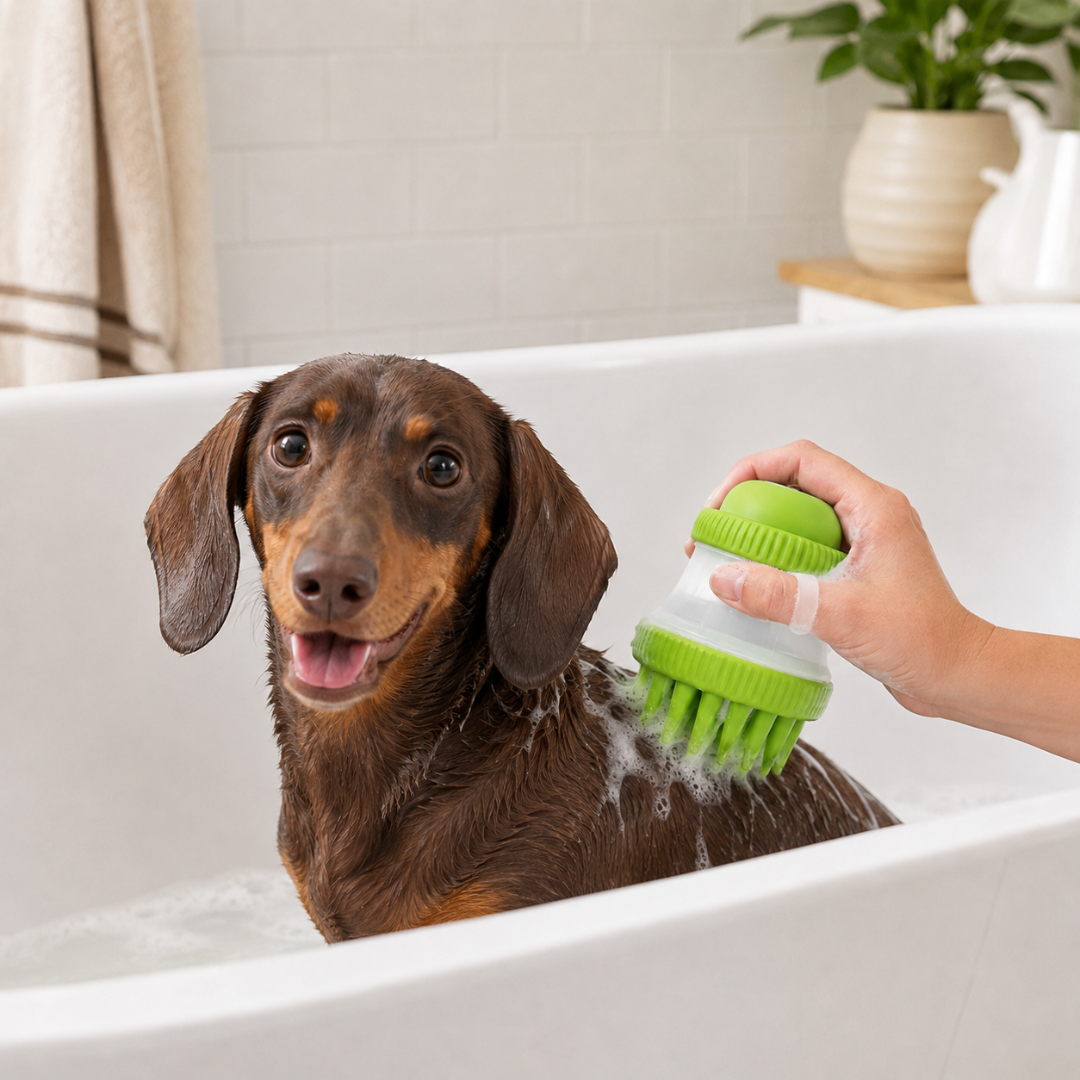 Siliconen Wasborstel voor Honden en Katten – Met Shampoo Dispenser – 125 ml – Groen